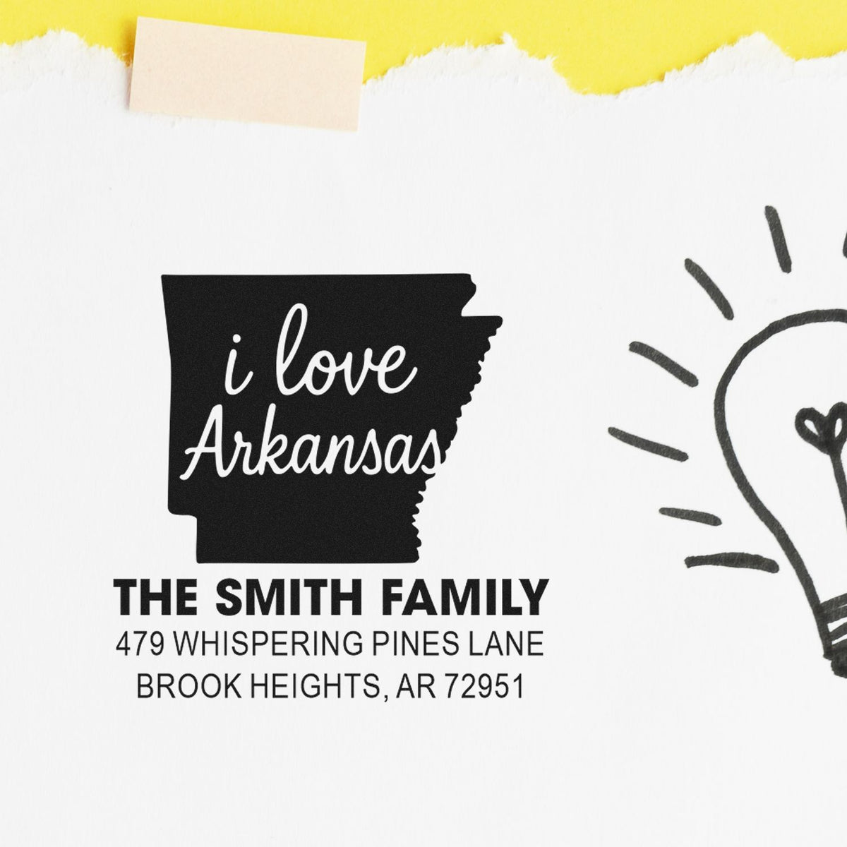Custom Arkansas return address rubber stamp with family name and address, featuring an I love Arkansas design.