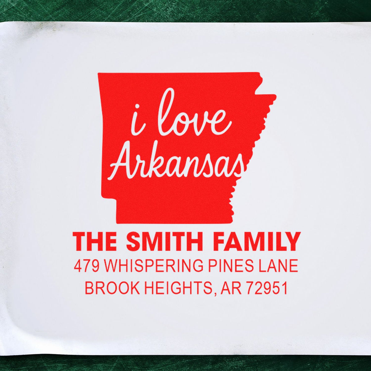 Custom Arkansas rubber stamp with I love Arkansas design and personalized Smith family address.