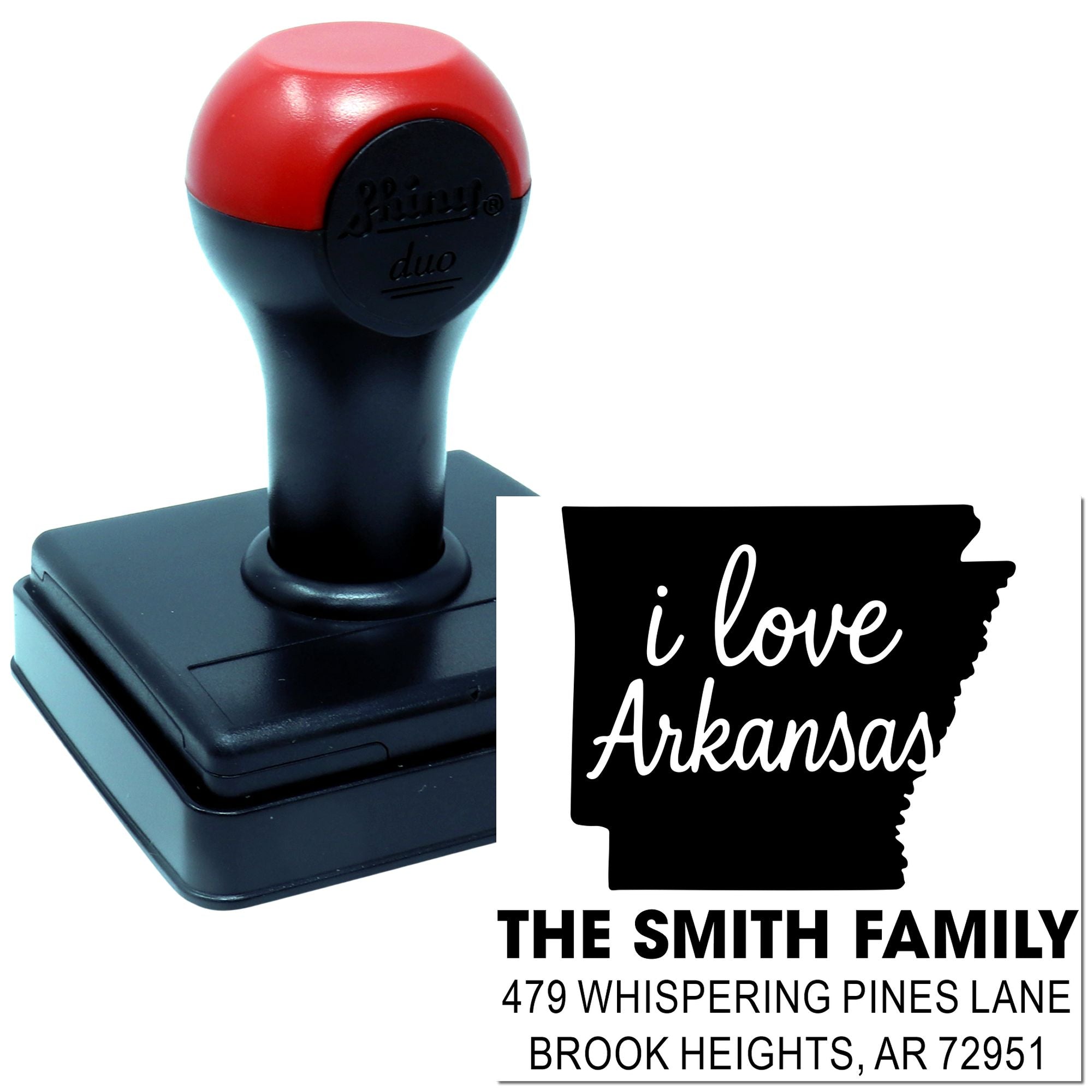 Custom self-inking Arkansas rubber stamp with I Love Arkansas family name and address design.