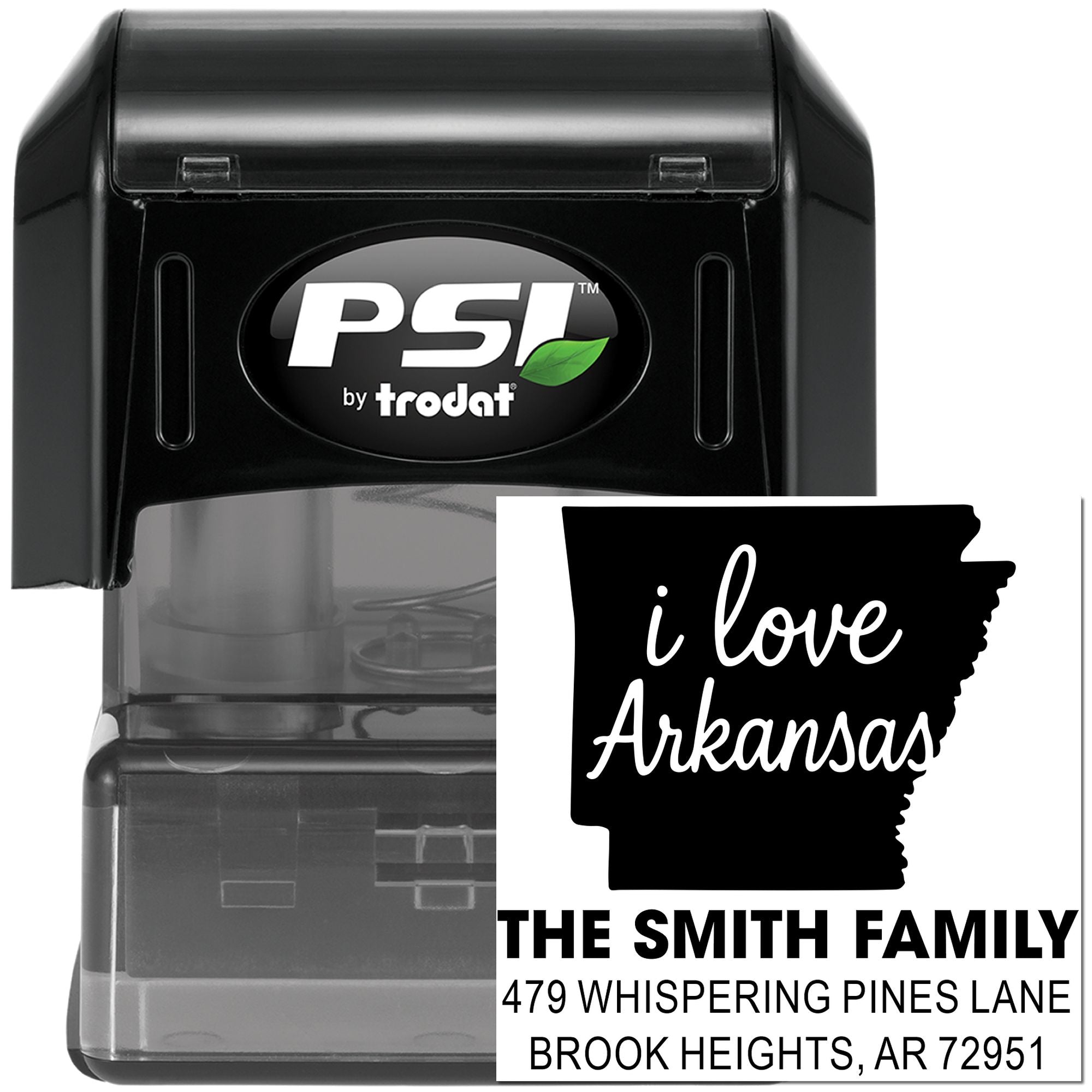 Personalized Arkansas return address stamp by PSI Trodat with custom family address and state silhouette design.