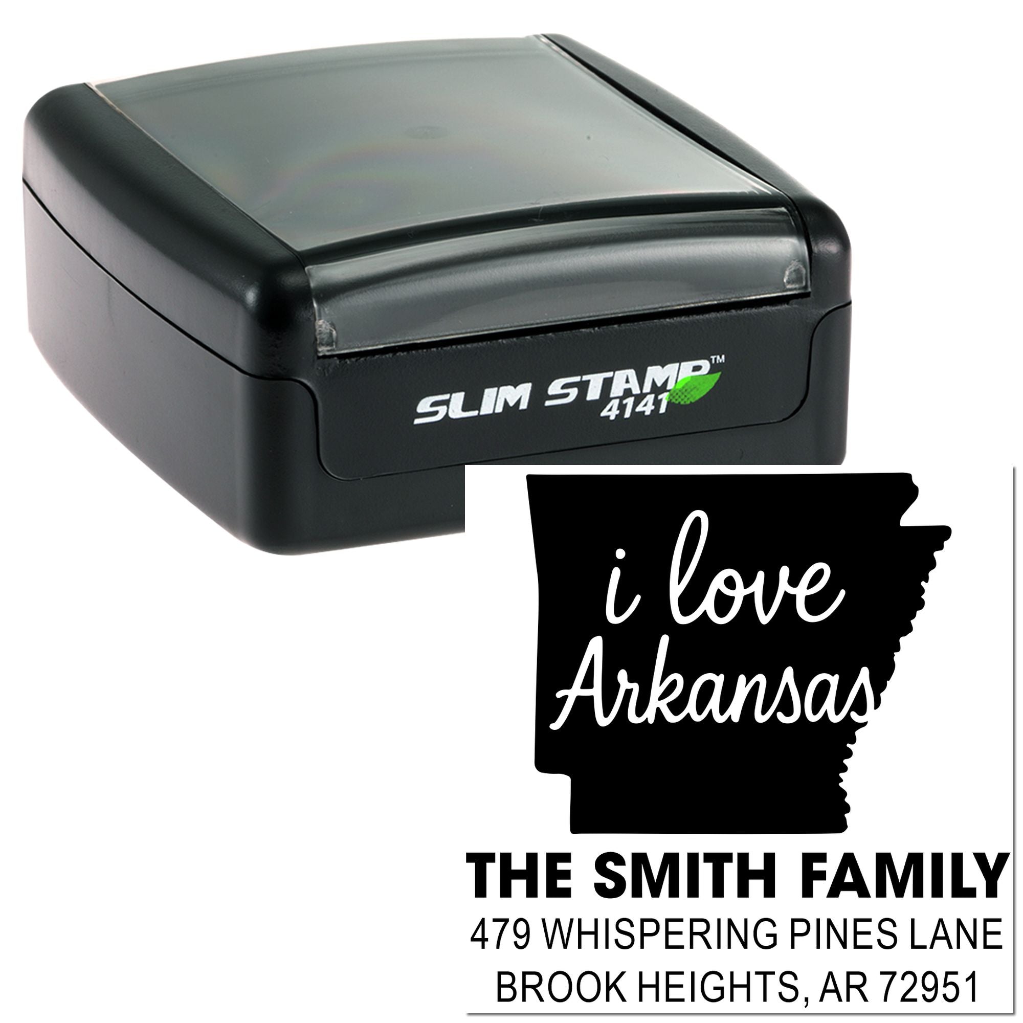 Arkansas Love Silhouette Personalized Rubber Pre-Inked Stamp, 1-5/8" Square , Custom State Design for Couples and Arkansas Residents
