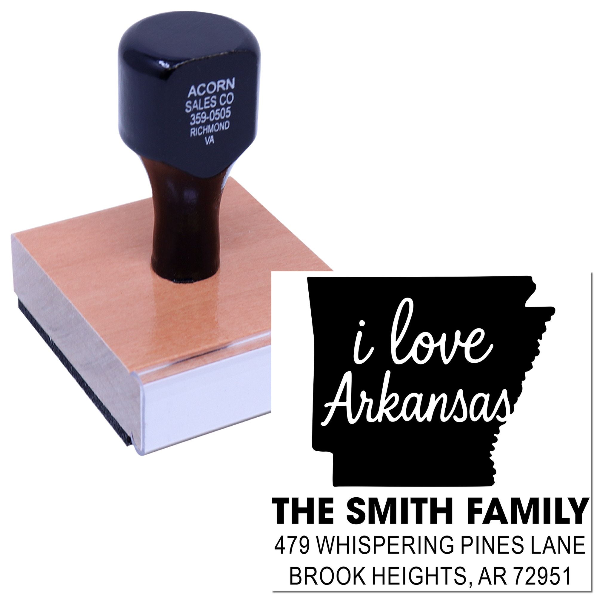 Custom Arkansas return address rubber stamp with family name and address for envelopes, invitations, and mailing labels.