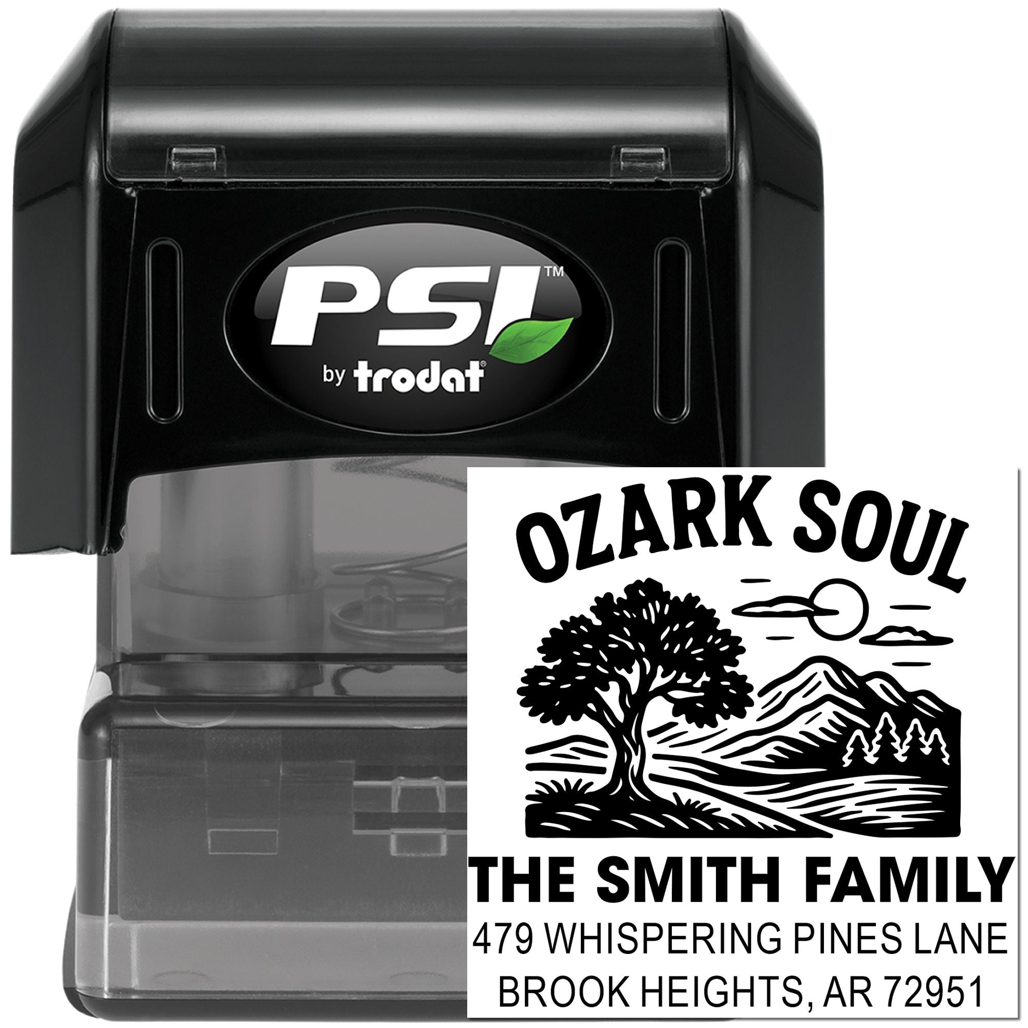 PSI by Trodat self-inking rubber stamp with custom family return address design and Ozark Soul logo.