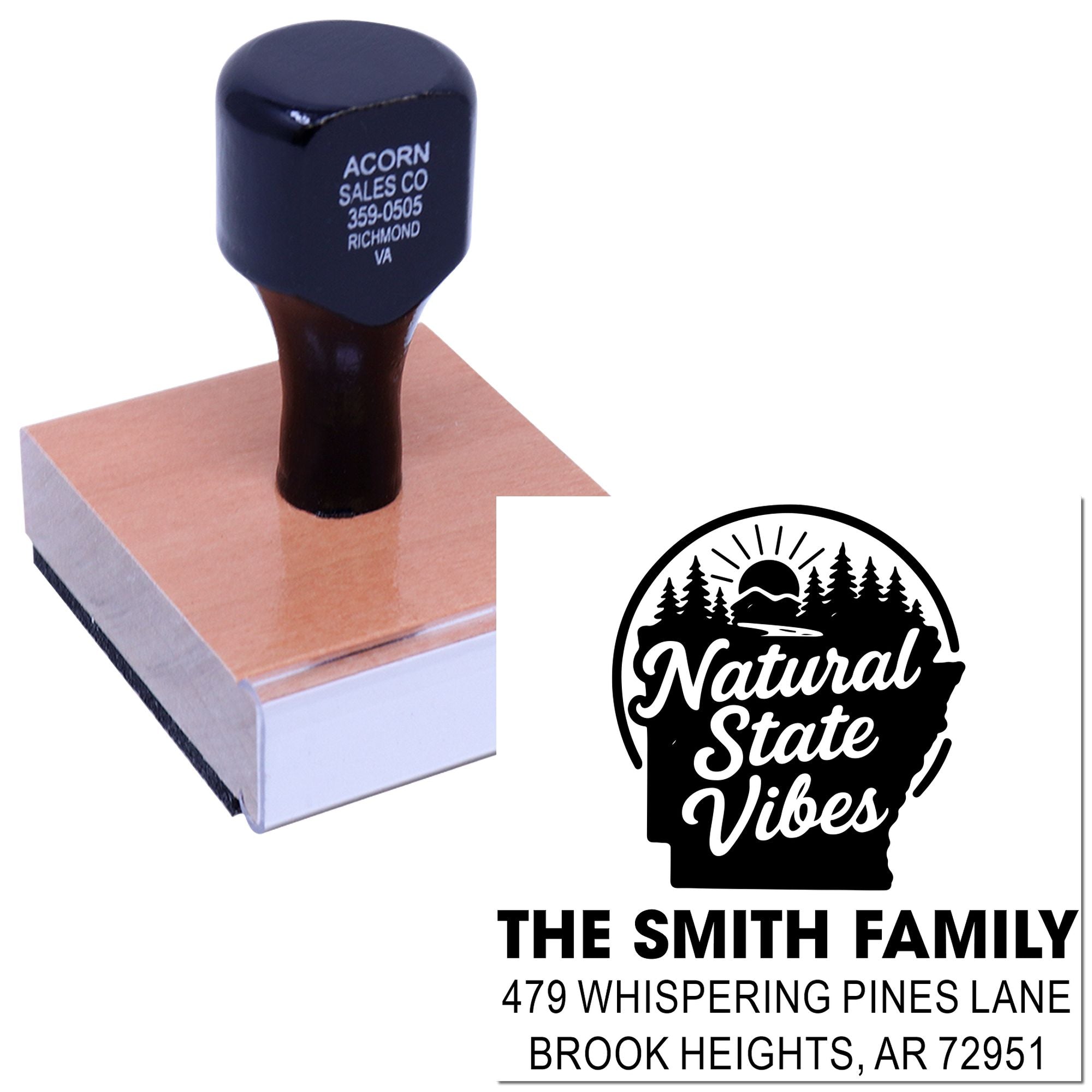Custom rubber address stamp with family logo and Arkansas return address for The Smith Family.