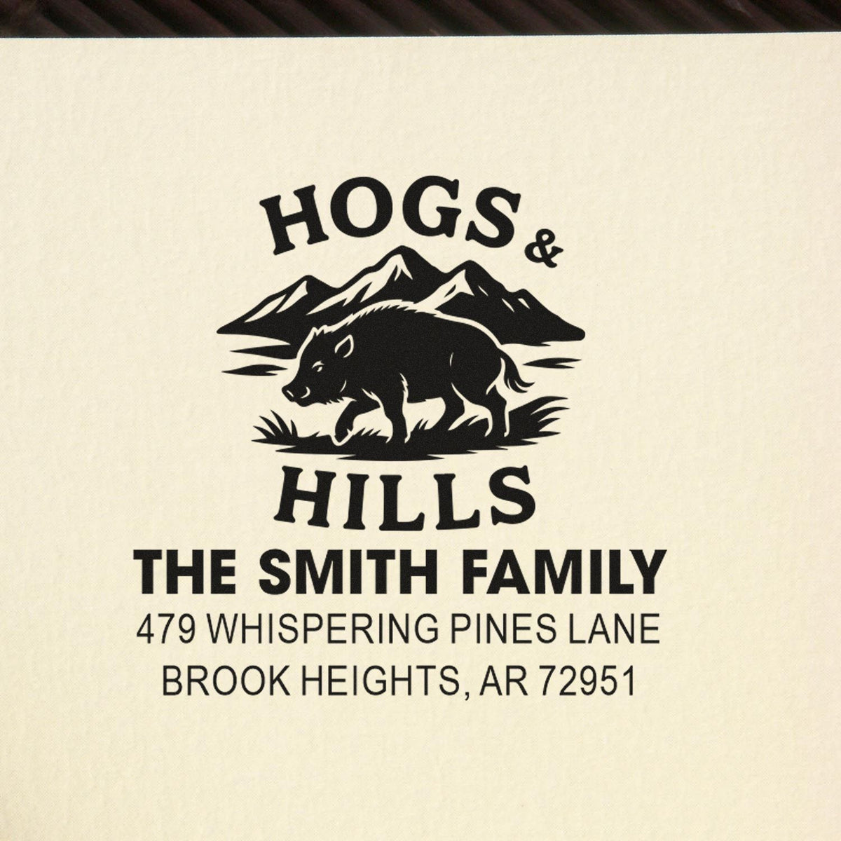 Custom rubber stamp for The Smith Family, Hogs & Hills with boar and mountain logo for return address use.
