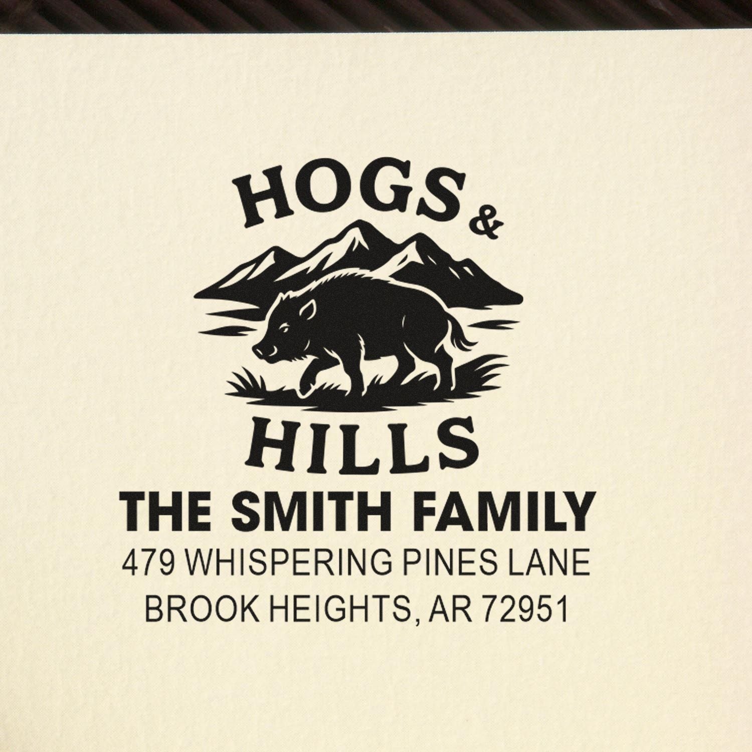 Personalized family address rubber stamp for The Smith Family with Hogs & Hills logo and Brook Heights, AR.