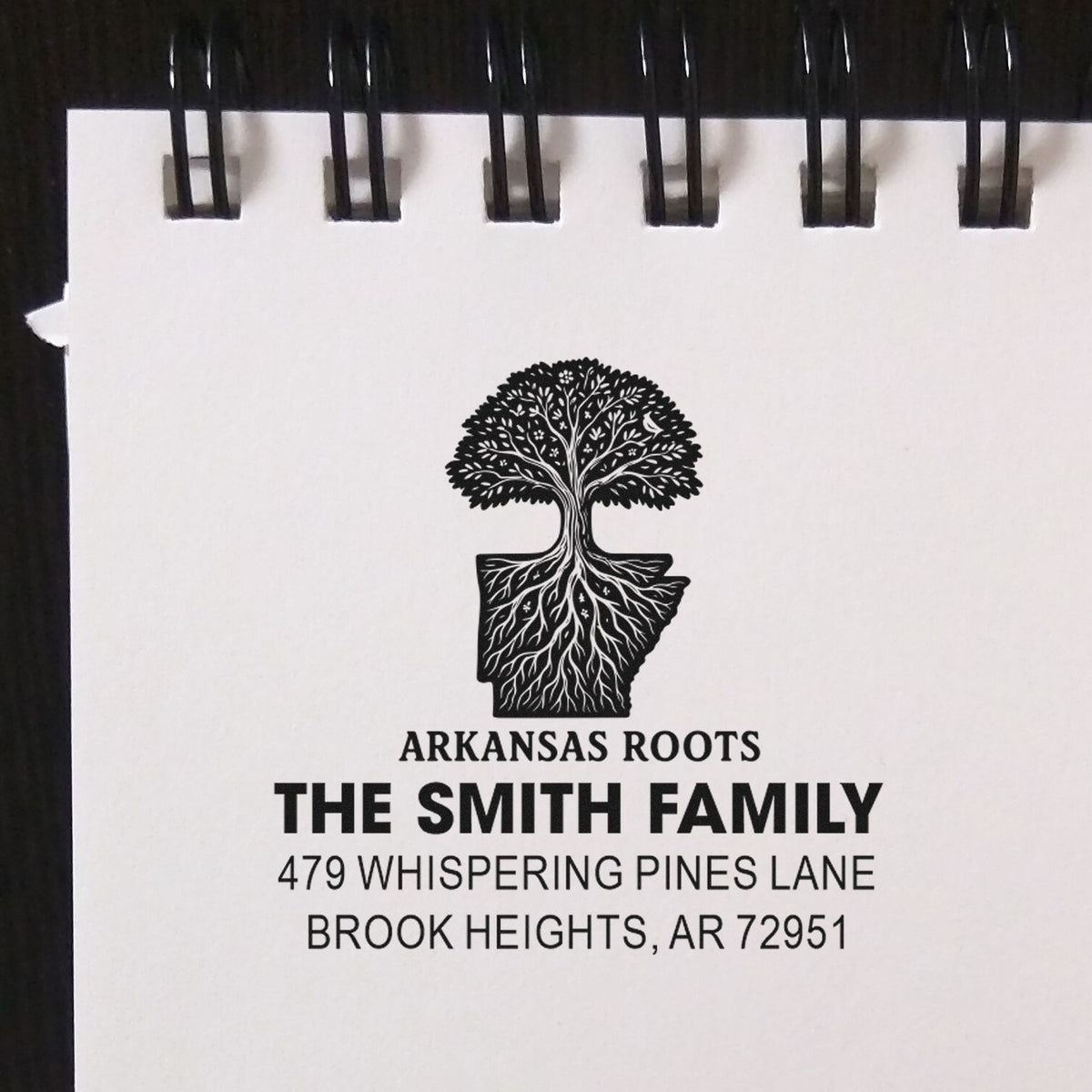 Custom Arkansas Roots family address rubber stamp with tree-in-state logo for The Smith Family, Brook Heights, AR.