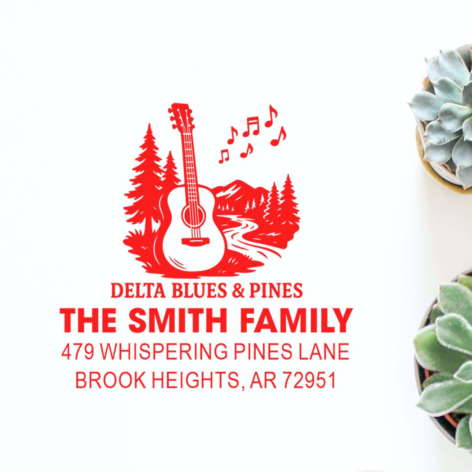Personalized address rubber stamp with guitar, pine trees and music notes for The Smith Family, Brook Heights, AR.