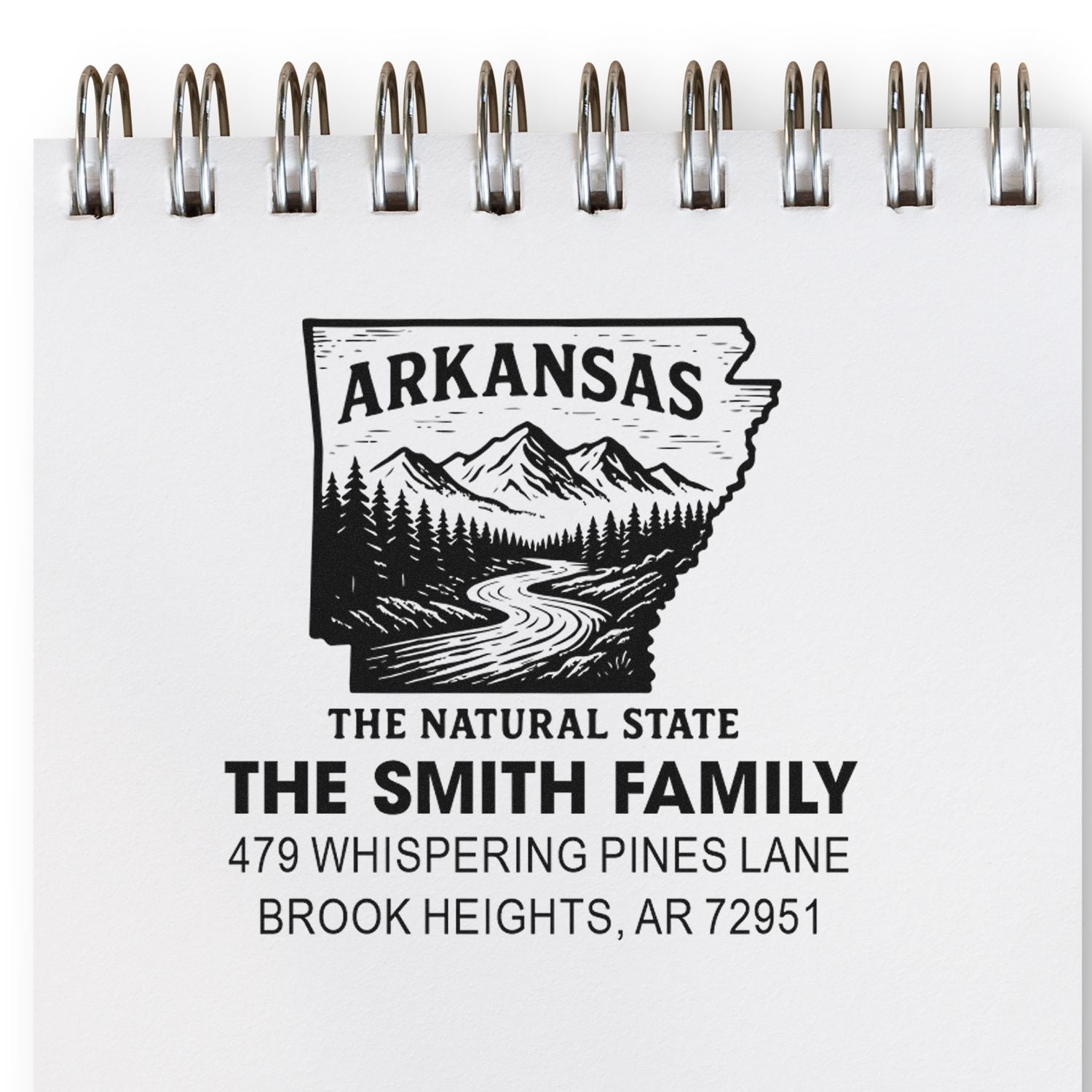 Custom Arkansas family address rubber stamp with mountain design, featuring The Smith Family and Brook Heights, AR 72951.