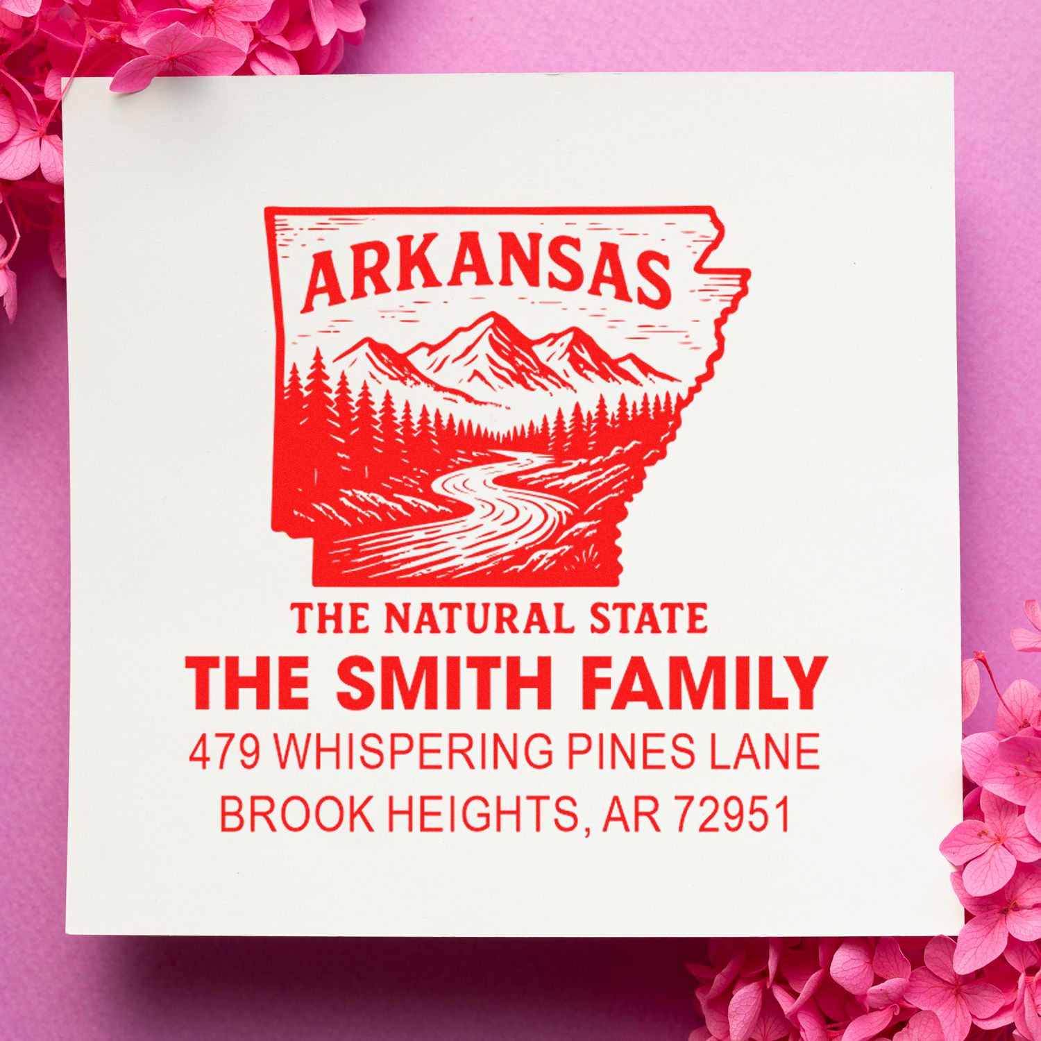 Custom Arkansas family return address rubber stamp with state outline, mountains, and personalized mailing address.
