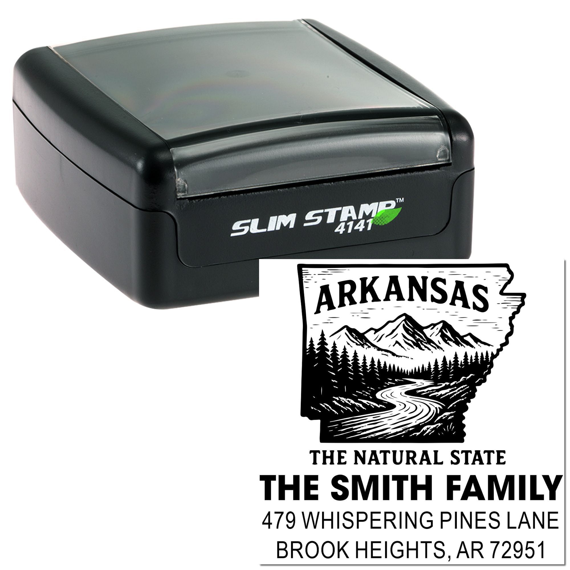 Custom Arkansas self-inking rubber stamp with family name and address for personalized return address labeling.