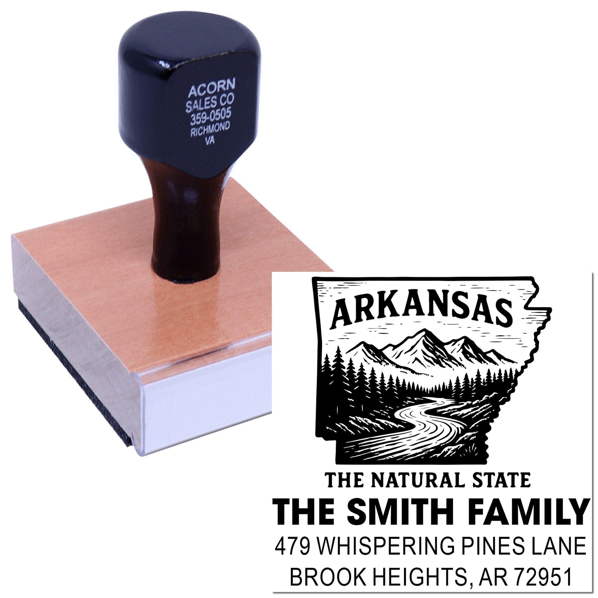 Custom Arkansas return address rubber stamp for The Smith Family, featuring state design for mail labeling and personal correspondence.