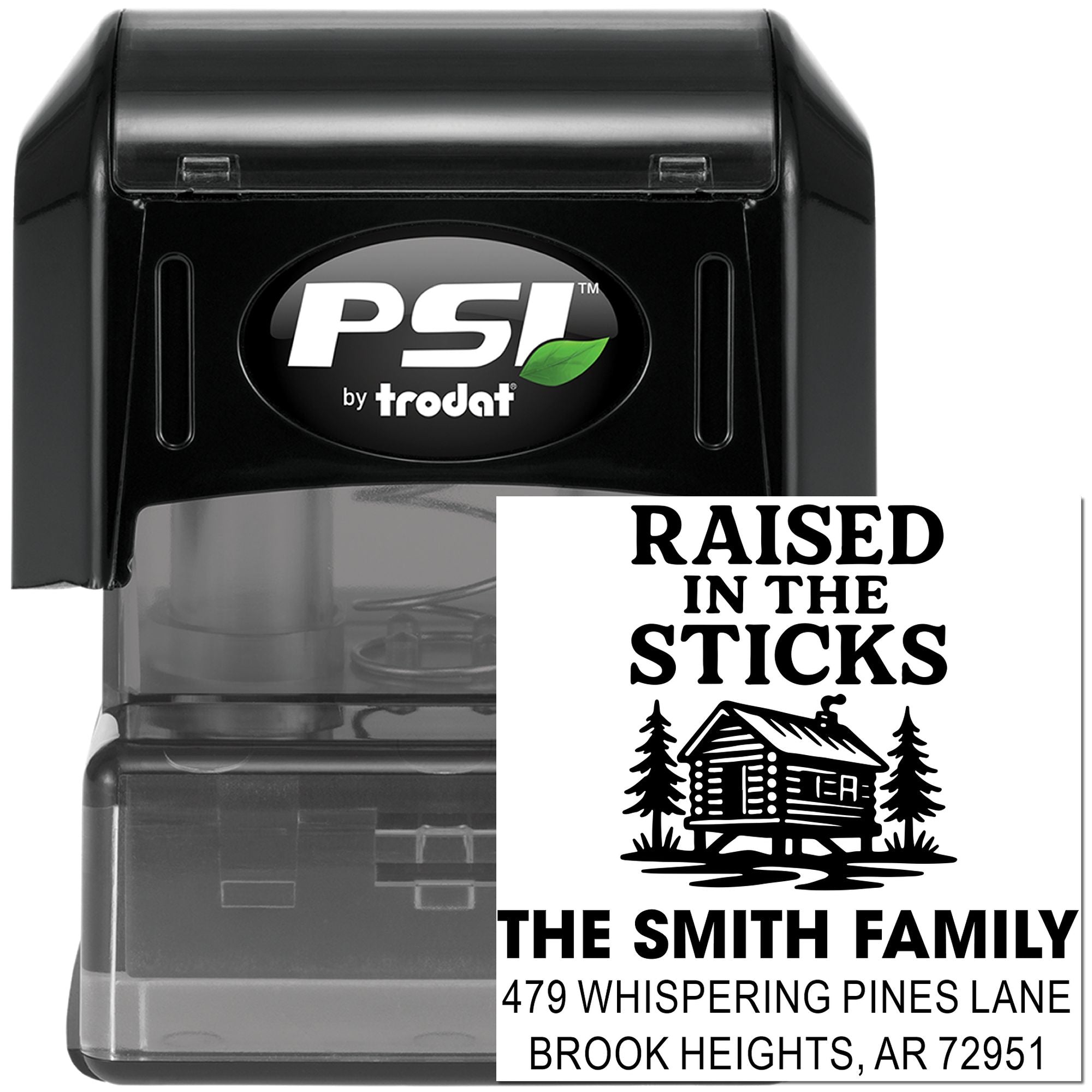 Custom self-inking address rubber stamp with Raised in the Sticks cabin return address design for family mailings.