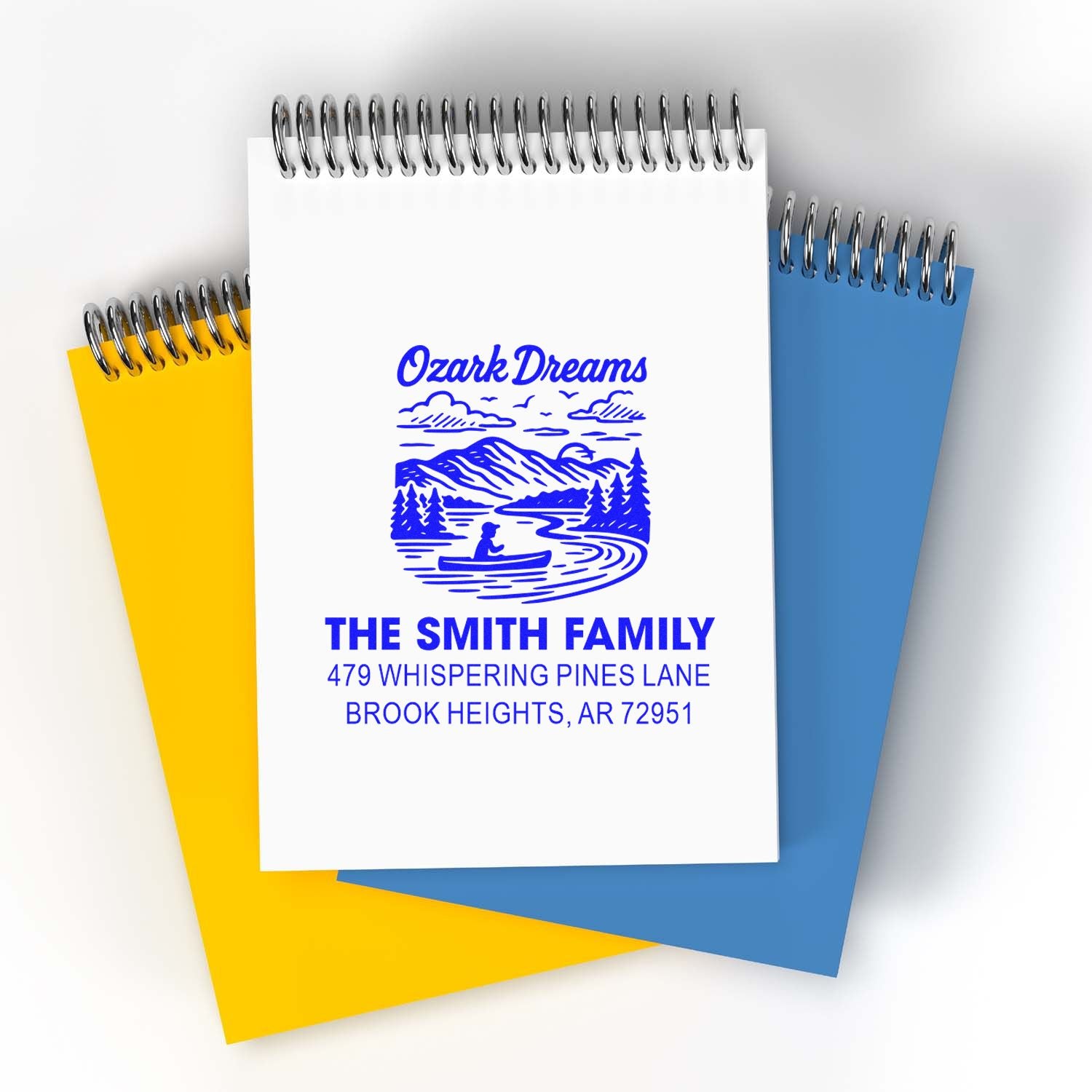 Personalized family return address rubber stamp with Ozark Dreams mountain lake logo for The Smith Family in Brook Heights, AR.