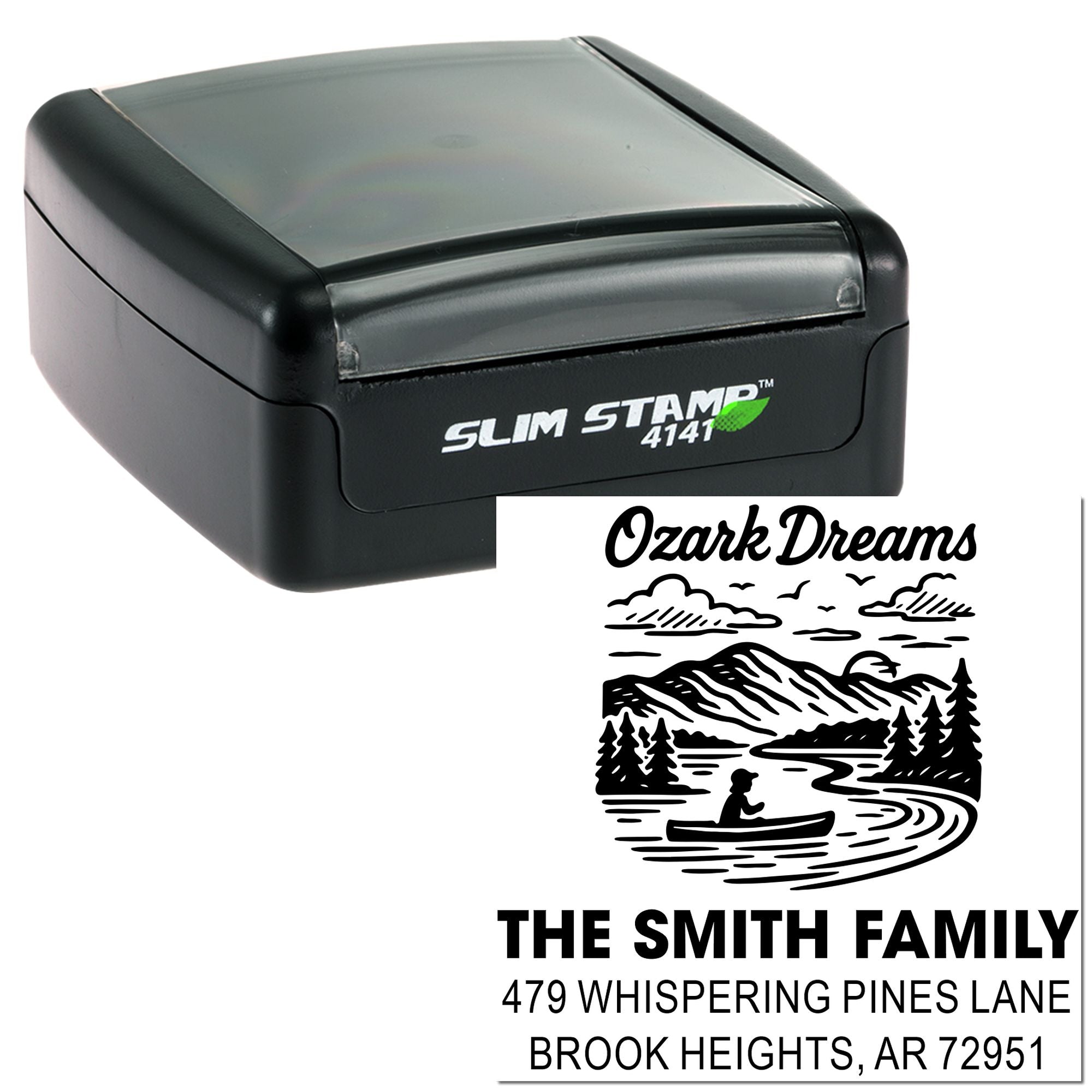 Custom self-inking rubber stamp with personalized address design for The Smith Family and Ozark Dreams outdoor scene.