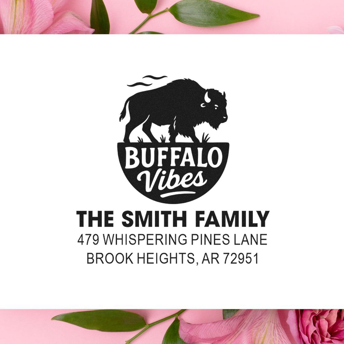 Custom buffalo-themed return address rubber stamp for The Smith Family, Brook Heights, AR mailing.