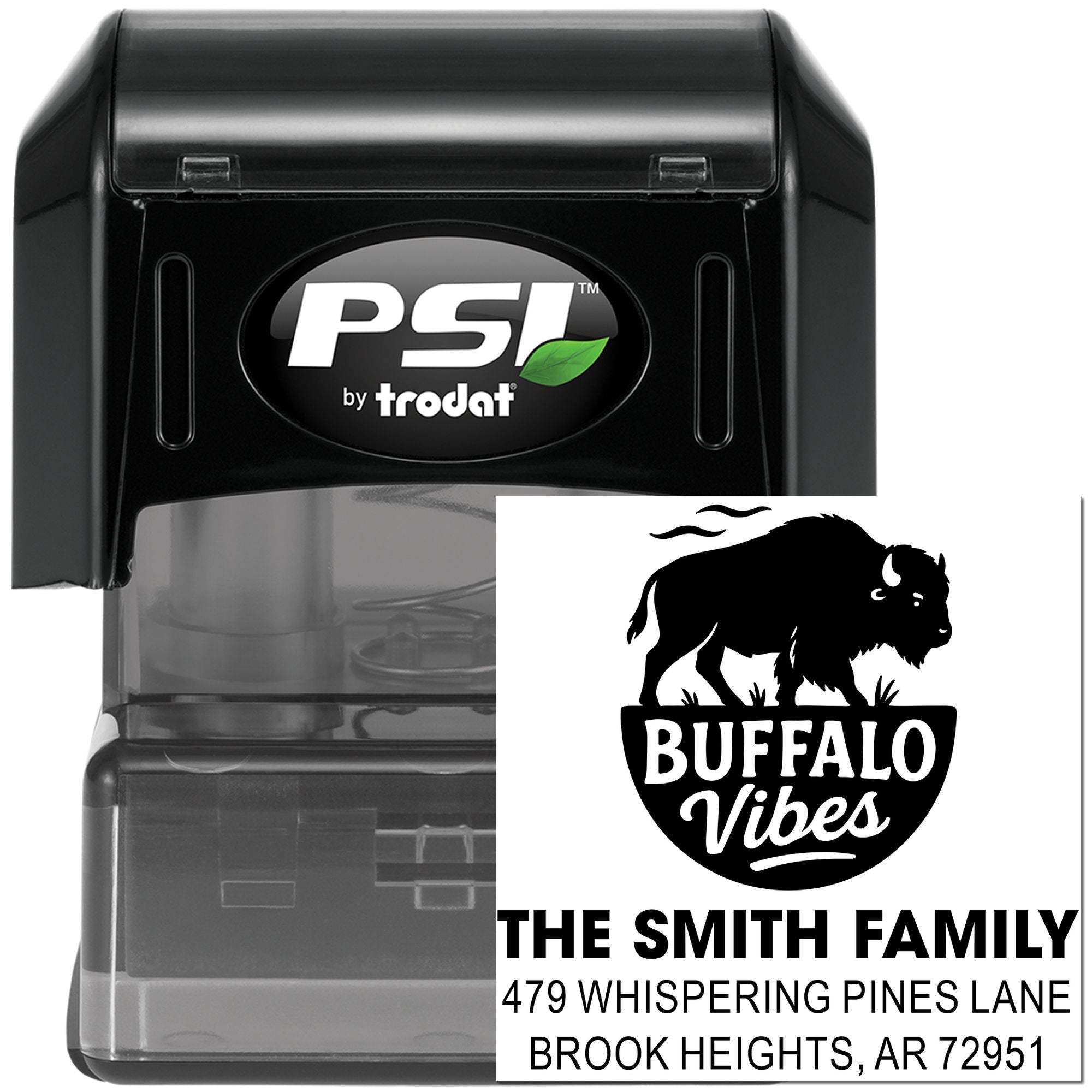 Custom self-inking address rubber stamp with Buffalo Vibes family name design by PSI Trodat.