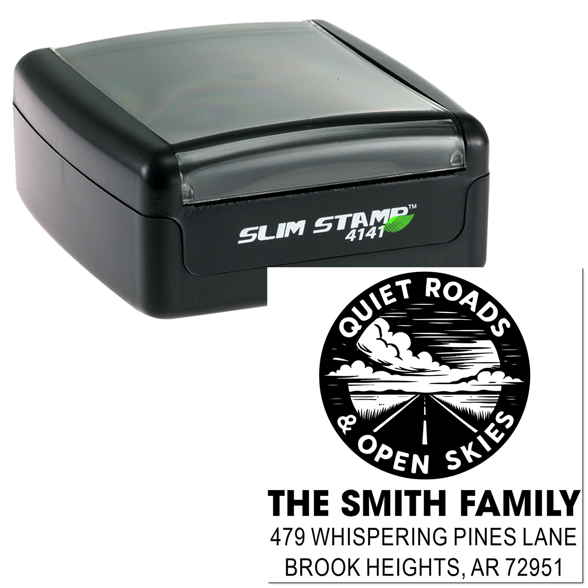 Custom self-inking rubber stamp with personalized family address design, featuring Quiet Roads & Open Skies by The Smith Family.