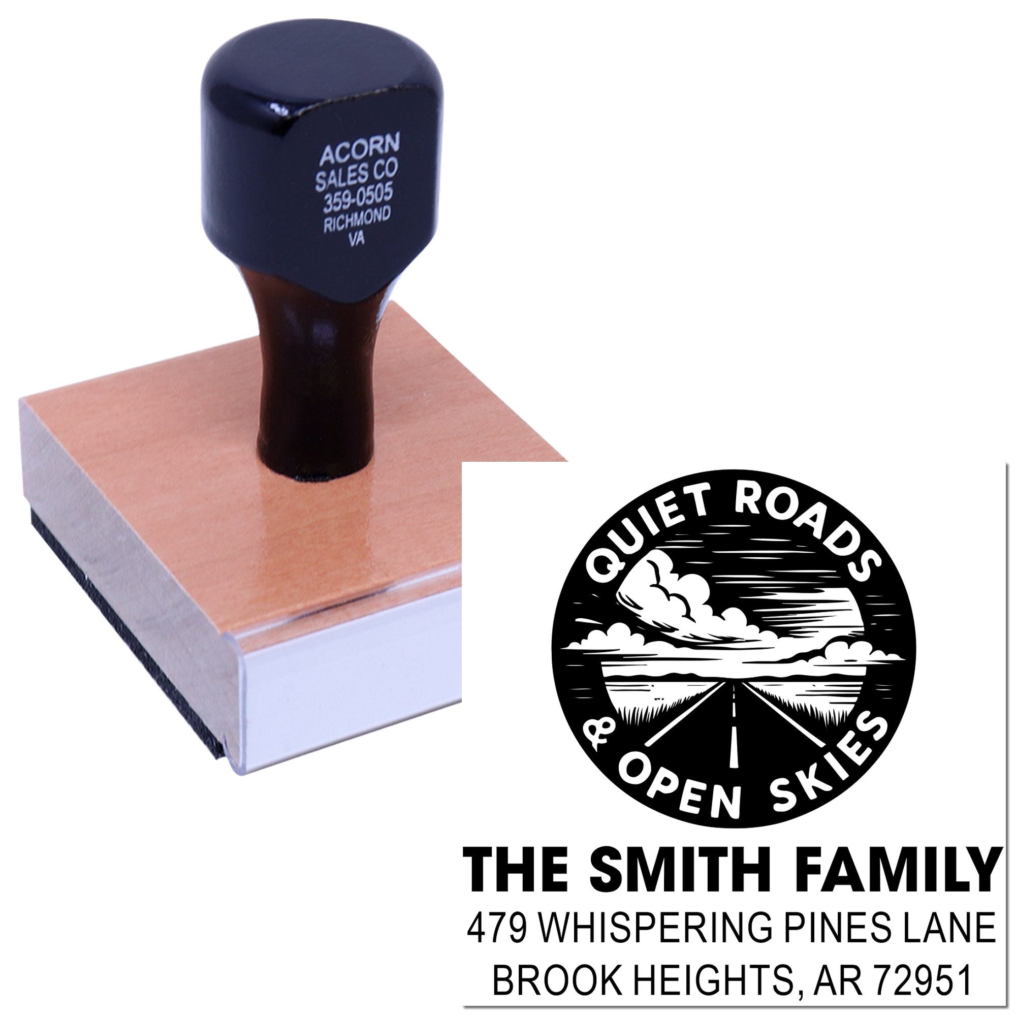 Custom return address rubber stamp with family logo, ideal for envelopes, stationery, and personalized mailing.