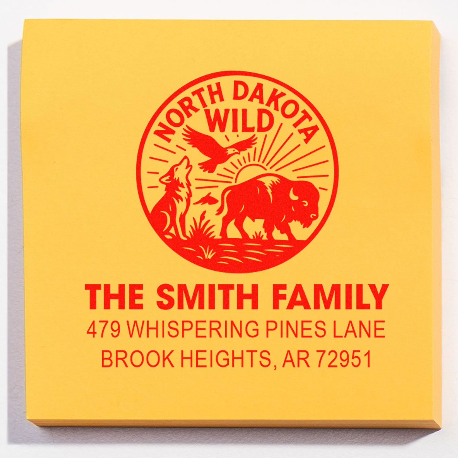 Custom address rubber stamp with North Dakota Wild logo, Smith family name, and Brook Heights, AR return address.