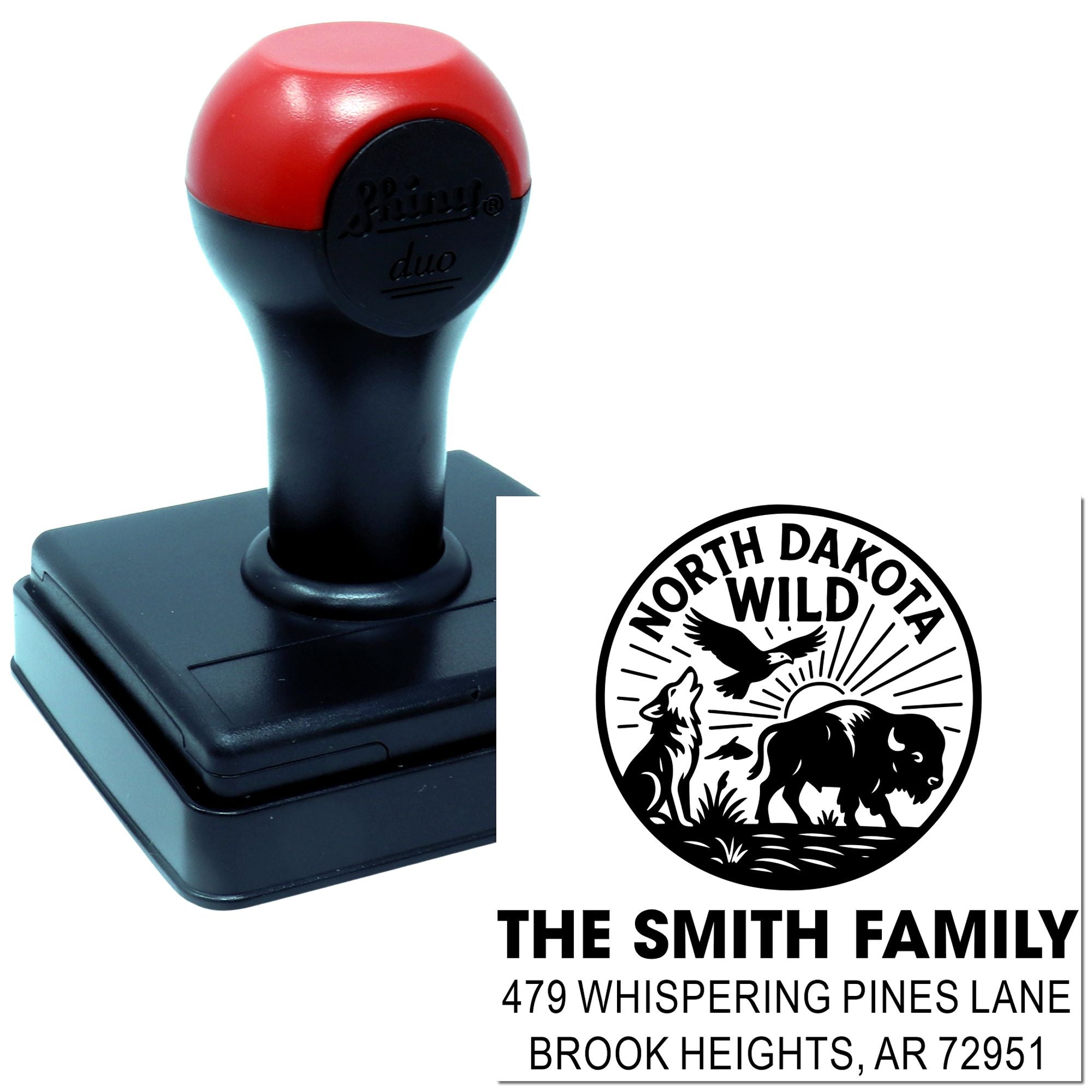 Custom self-inking rubber stamp for North Dakota Wild family return address with buffalo, wolf and eagle logo.