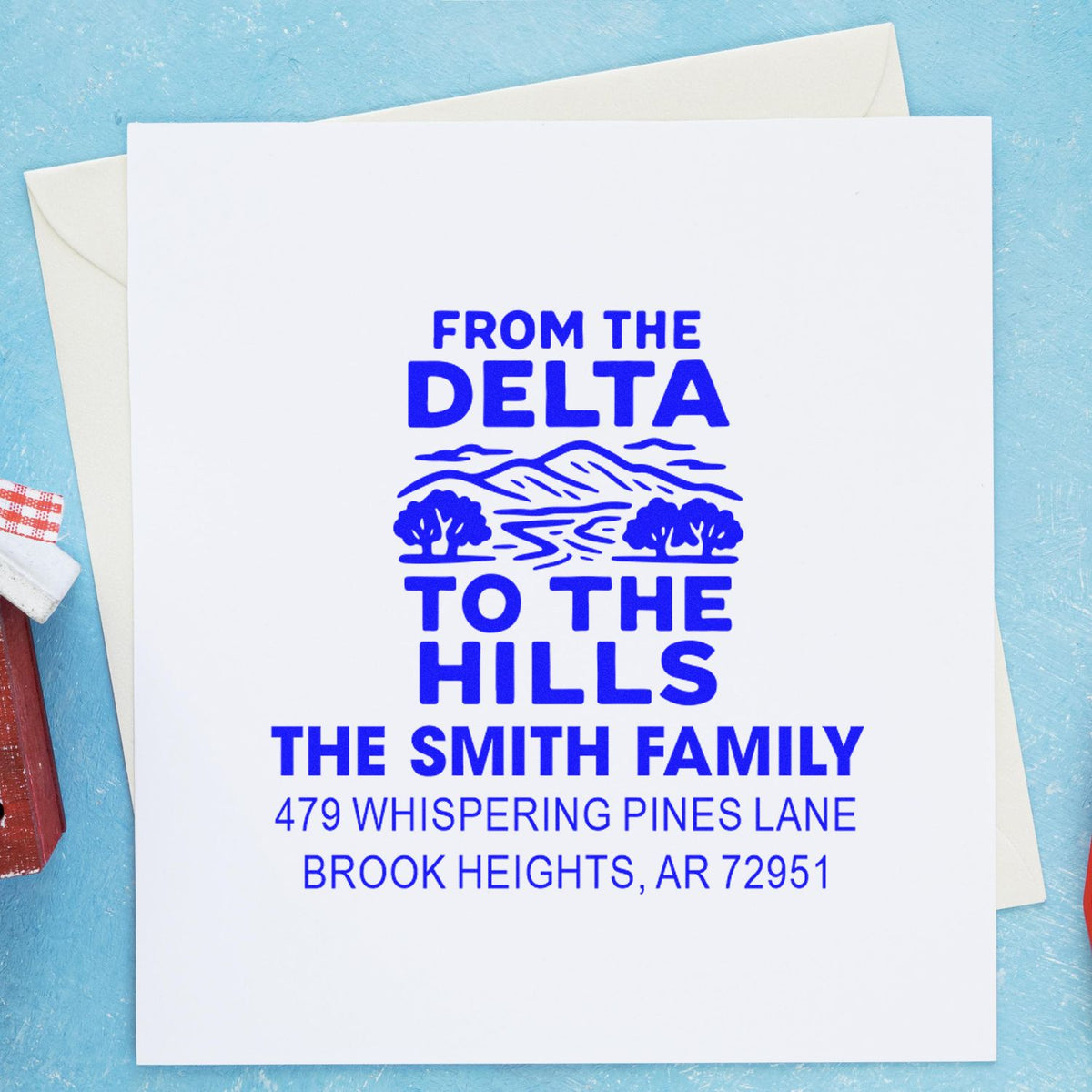 Personalized rubber return address stamp with From the Delta to the Hills design for The Smith Family, Brook Heights, AR