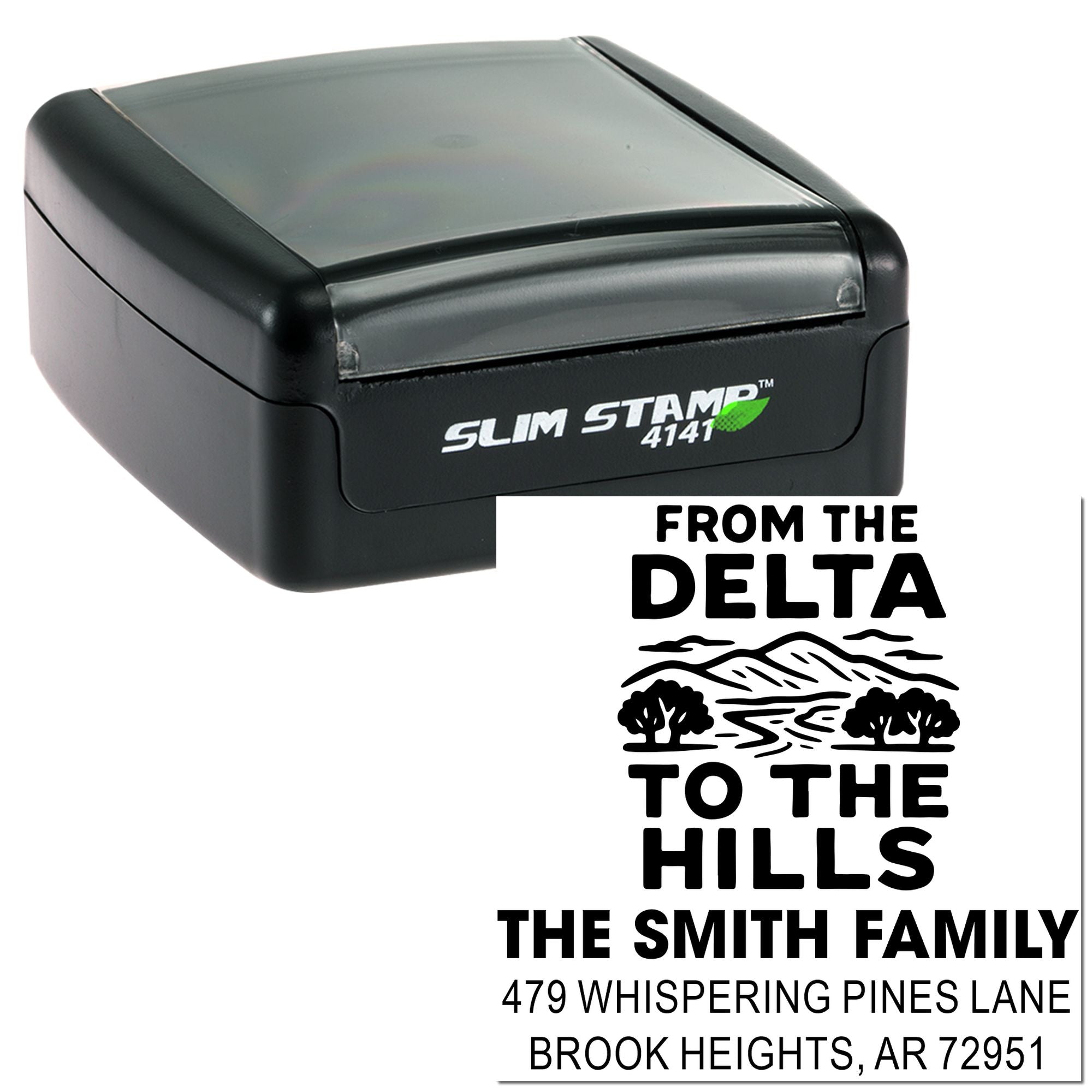 Personalized address rubber stamp with From the Delta to the Hills family return address design and custom name and address.