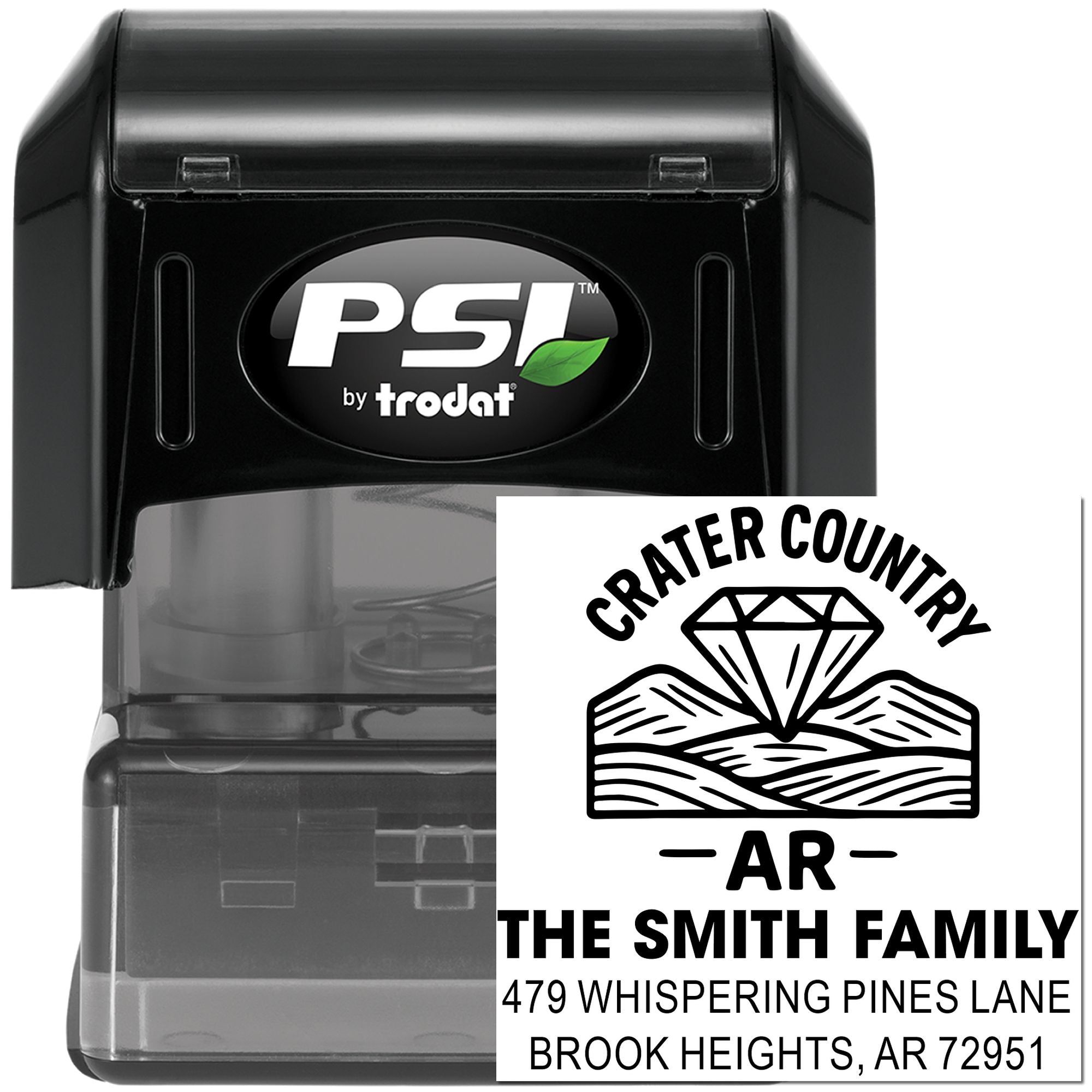 Custom self-inking rubber return address stamp with Crater Country design for The Smith Family, Brook Heights, AR.