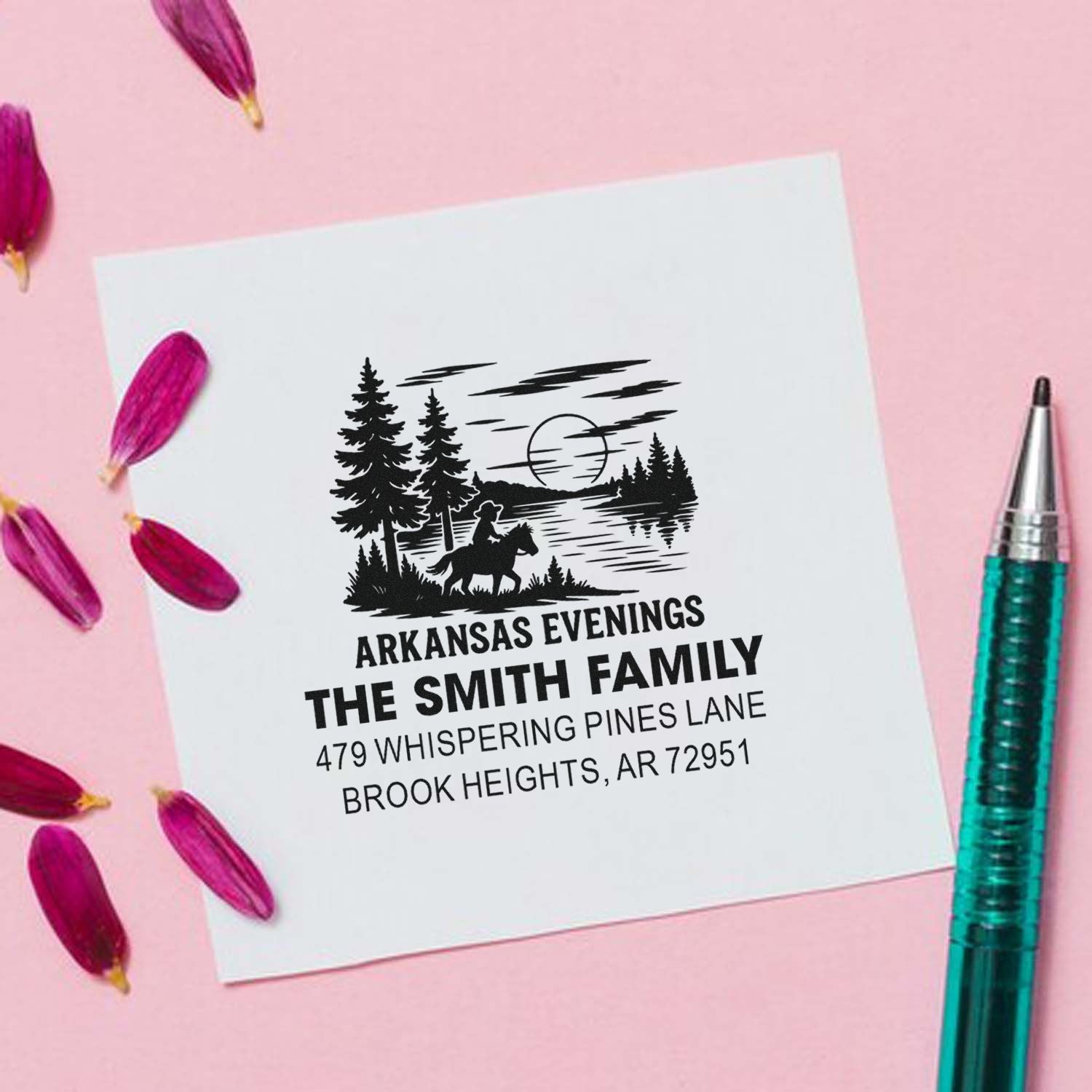 Custom personalized return address rubber stamp with rustic pine and horse design for The Smith Family, Brook Heights, Arkansas