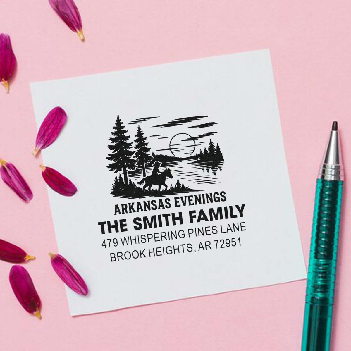 Personalized Arkansas return address rubber stamp with pine and rider design for The Smith Family envelopes and cards.