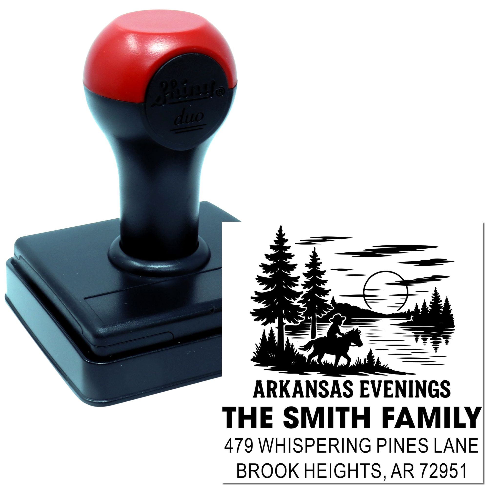 Custom self-inking address rubber stamp for The Smith Family, with Arkansas evenings scenic design and return address.