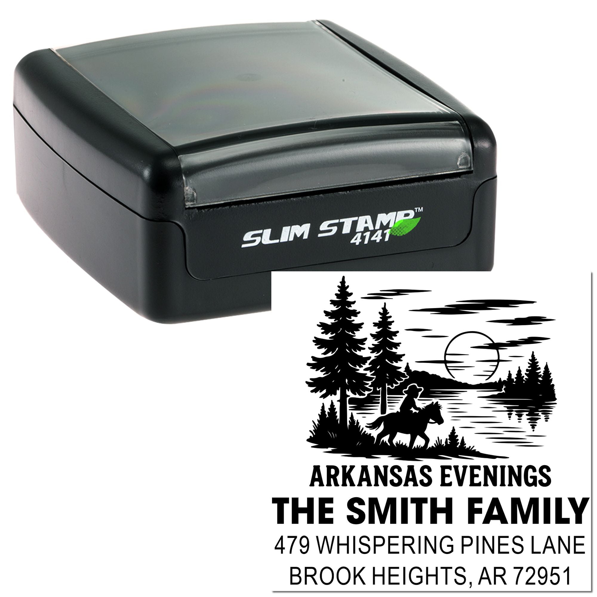 Personalized self-inking rubber stamp, Slim Stamp 4141, with Arkansas evenings family return address design.