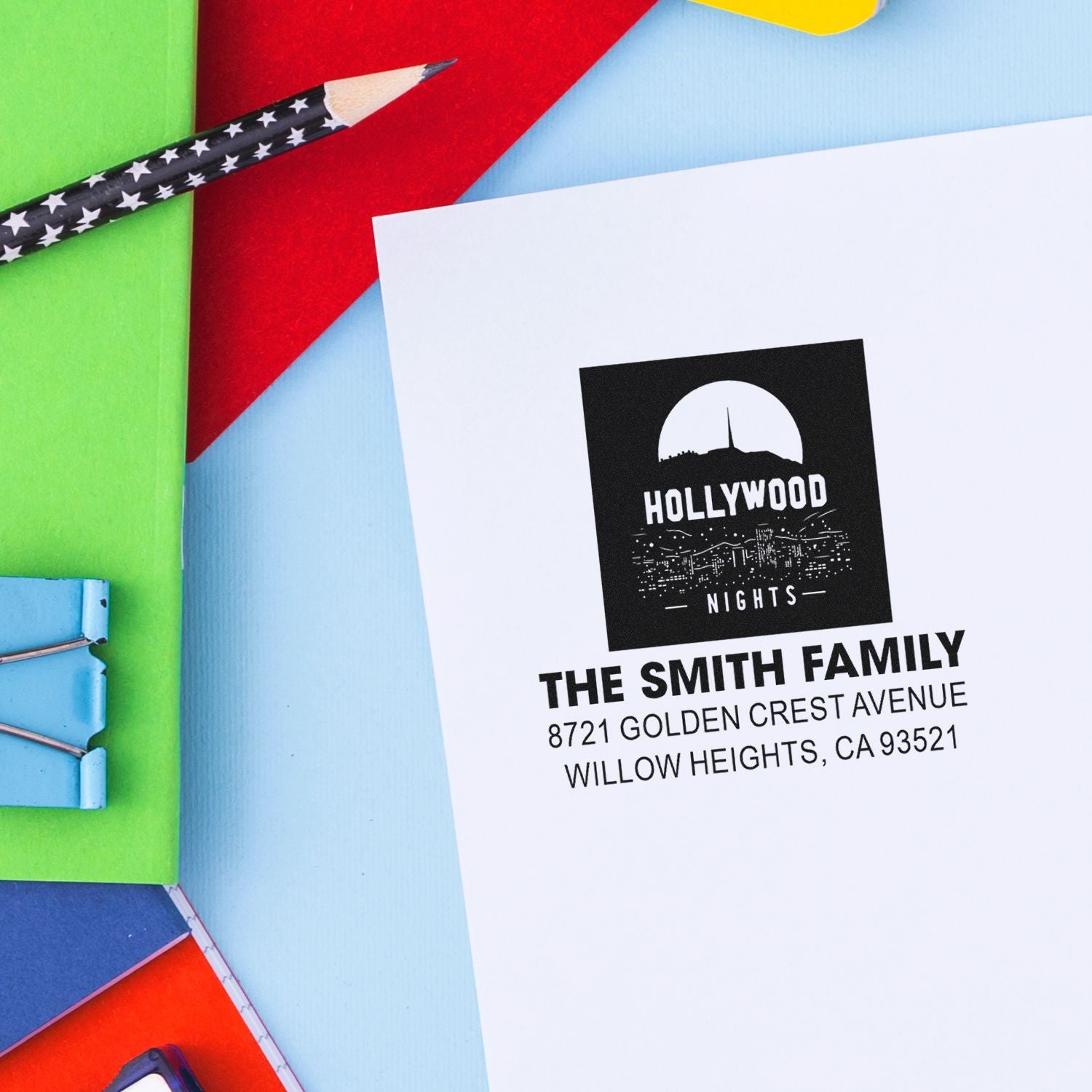 Personalized rubber return address stamp for The Smith Family with Hollywood Nights design for envelopes, stationery, and mailings.
