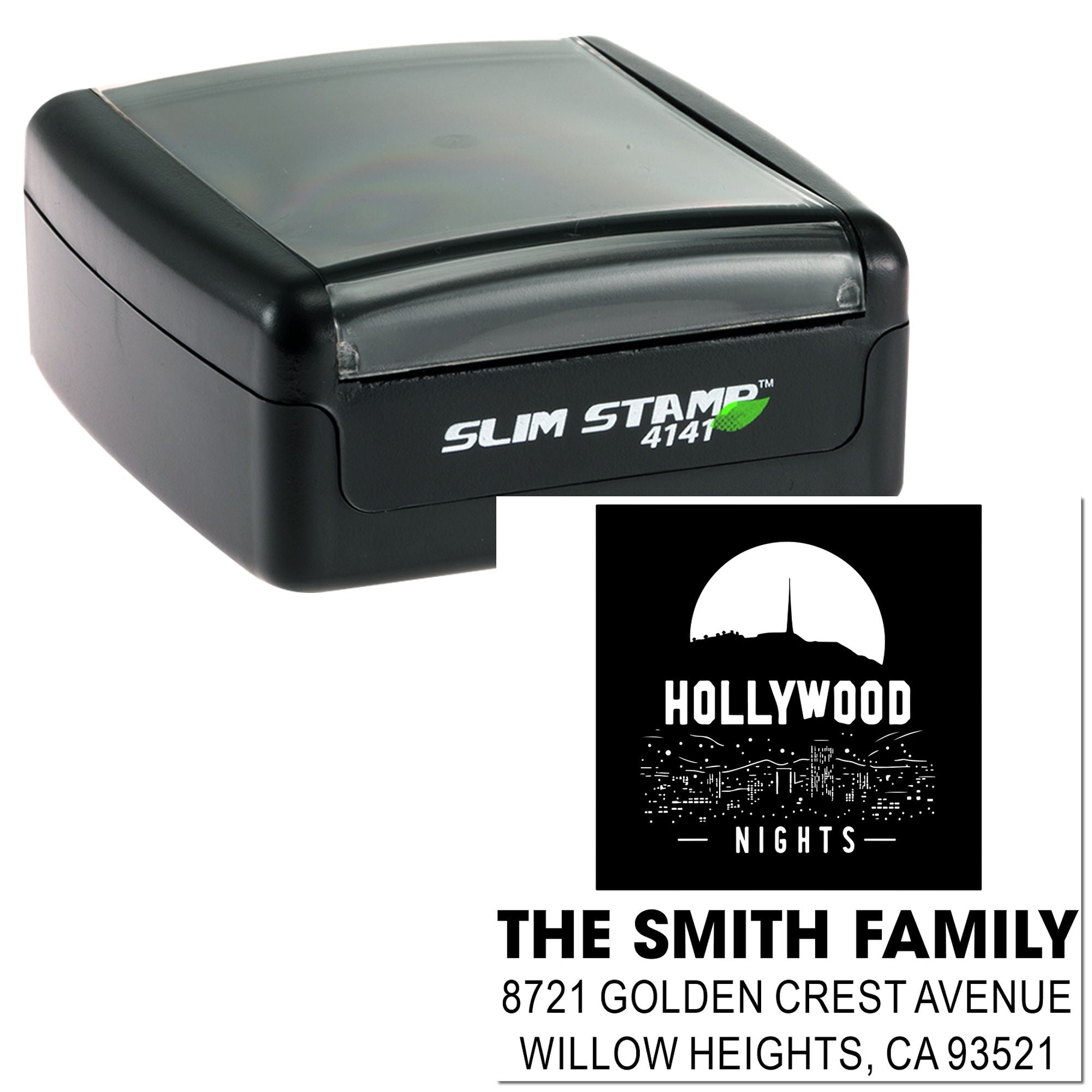 Slim Stamp 4141 custom self-inking rubber stamp showing Hollywood Nights design, Smith family name, and address.