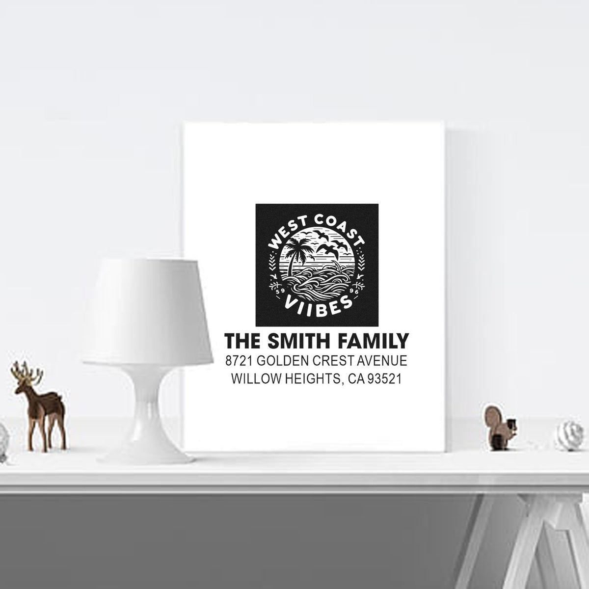 West Coast Vibes personalized rubber address stamp with The Smith Family return address for custom stationery.
