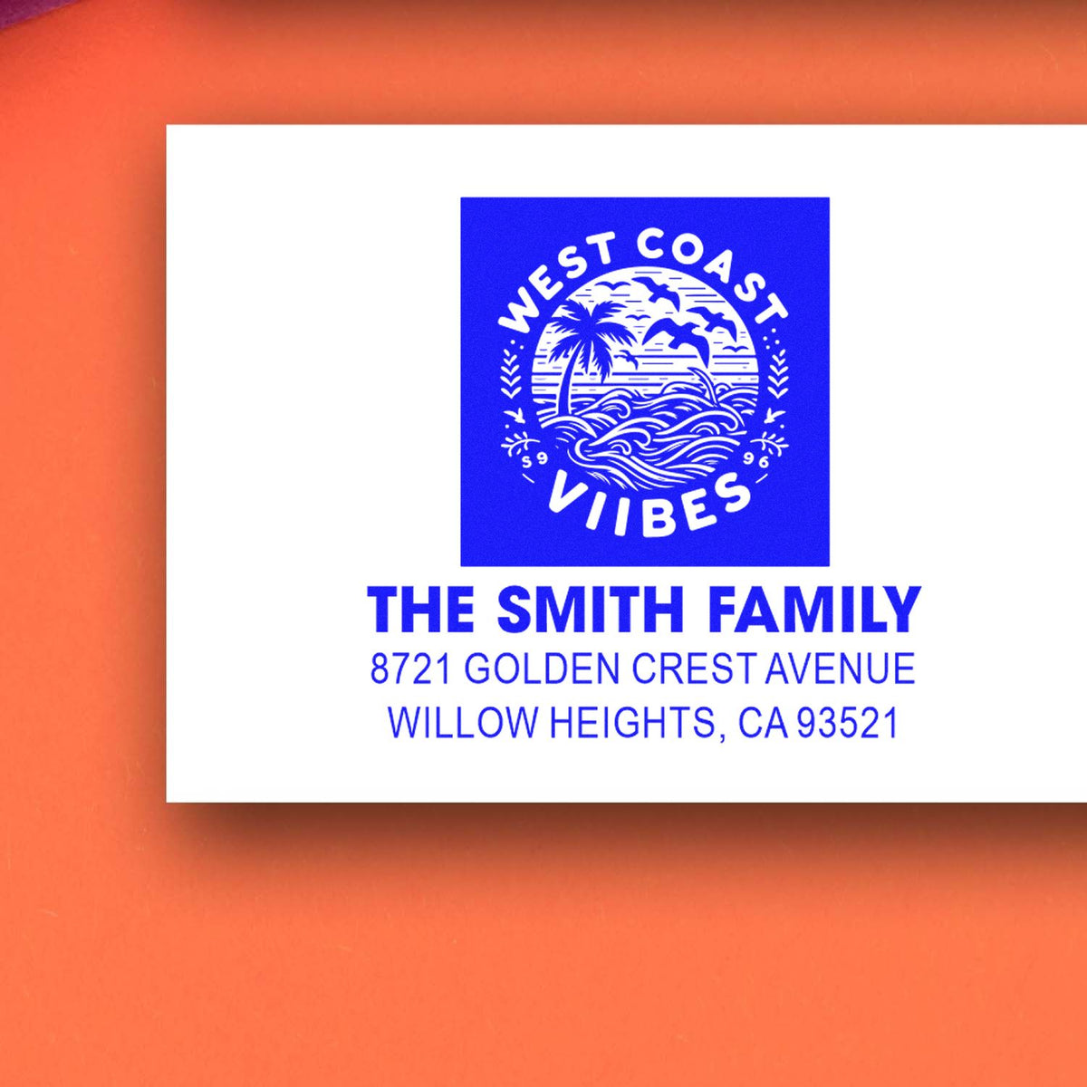 Custom West Coast Vibes rubber stamp with Smith family name and return address for personalized mailings.