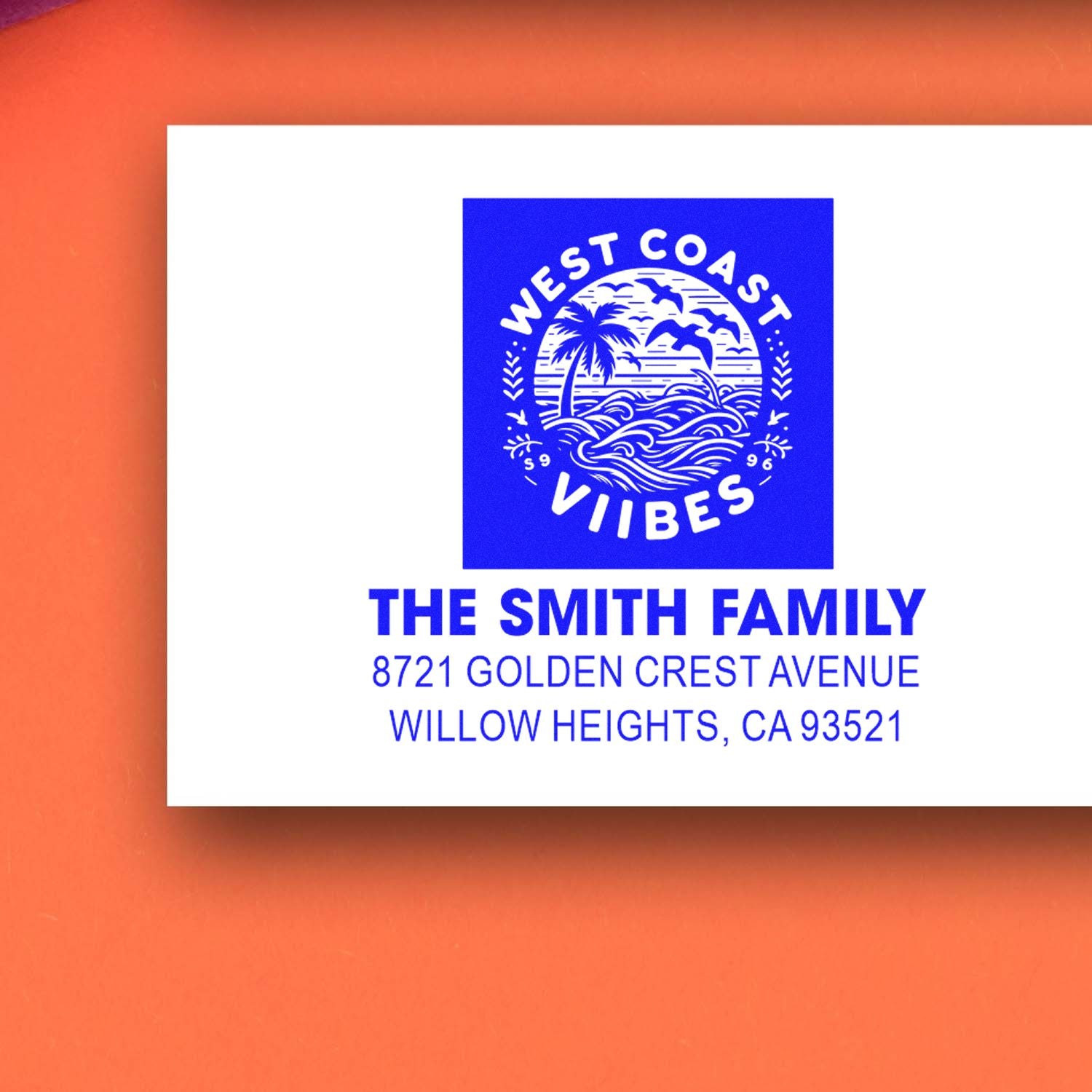 Custom rubber stamp with West Coast Vibes design for The Smith Family return address label.