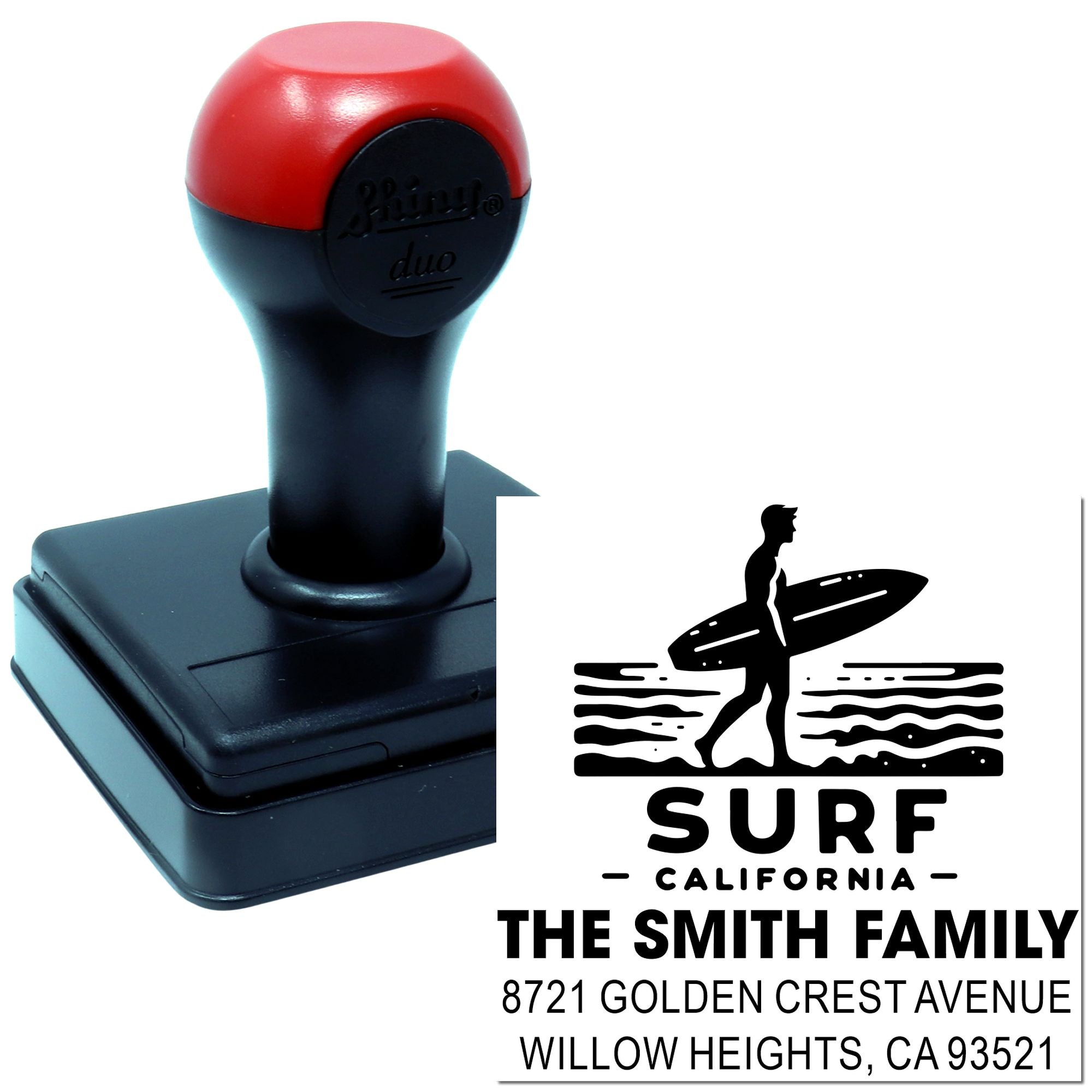 Custom self-inking rubber stamp with Surf California family address design and logo for personalized mailing and branding.