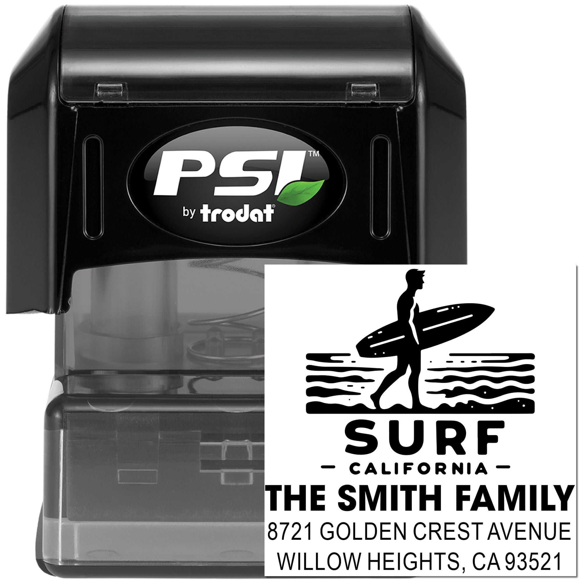 Custom surf-themed self-inking rubber address stamp by PSI Trodat for The Smith Family, Willow Heights, CA 93521