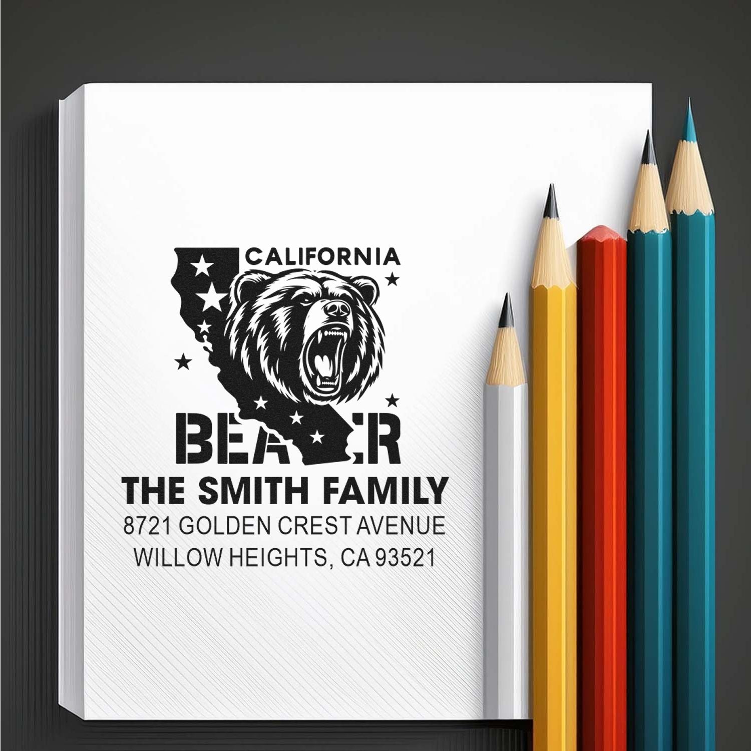 Custom California bear family address rubber stamp with name and return address for personalized stationery and mail.