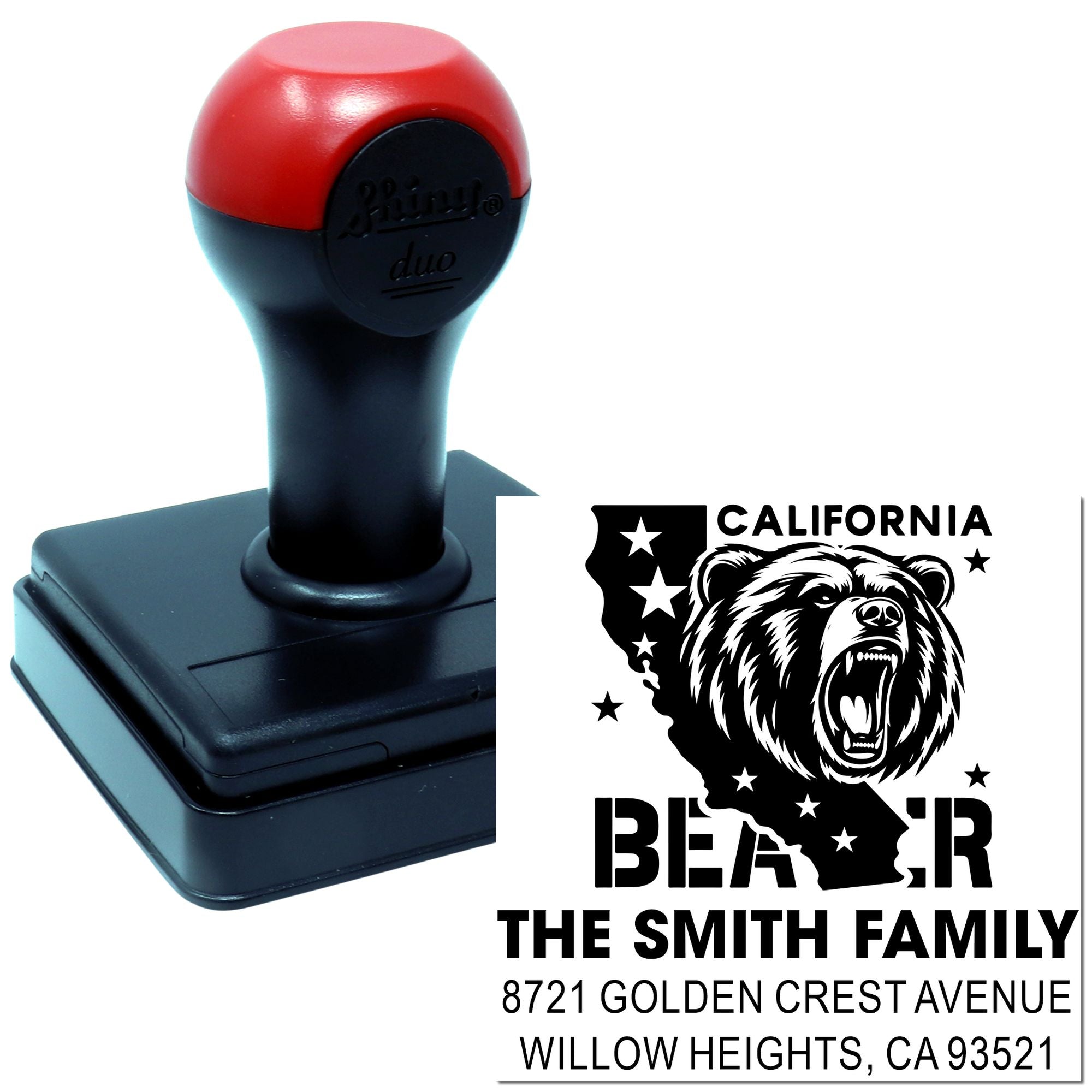 California bear custom address rubber stamp for The Smith Family, with self-inking stamp mount.