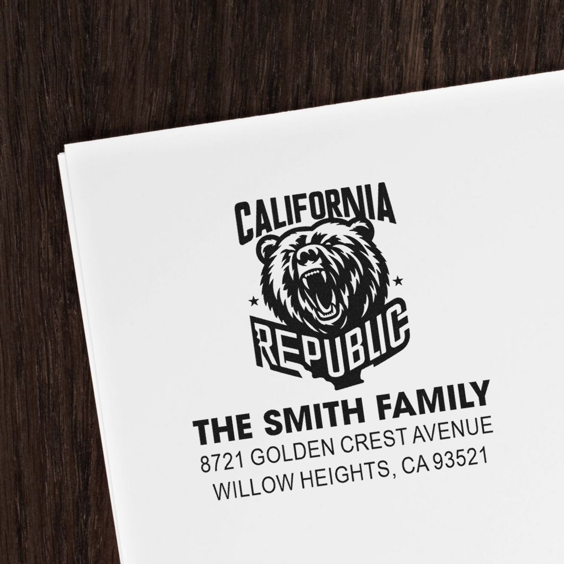 Personalized California Republic return address rubber stamp for The Smith Family with bear logo and address.