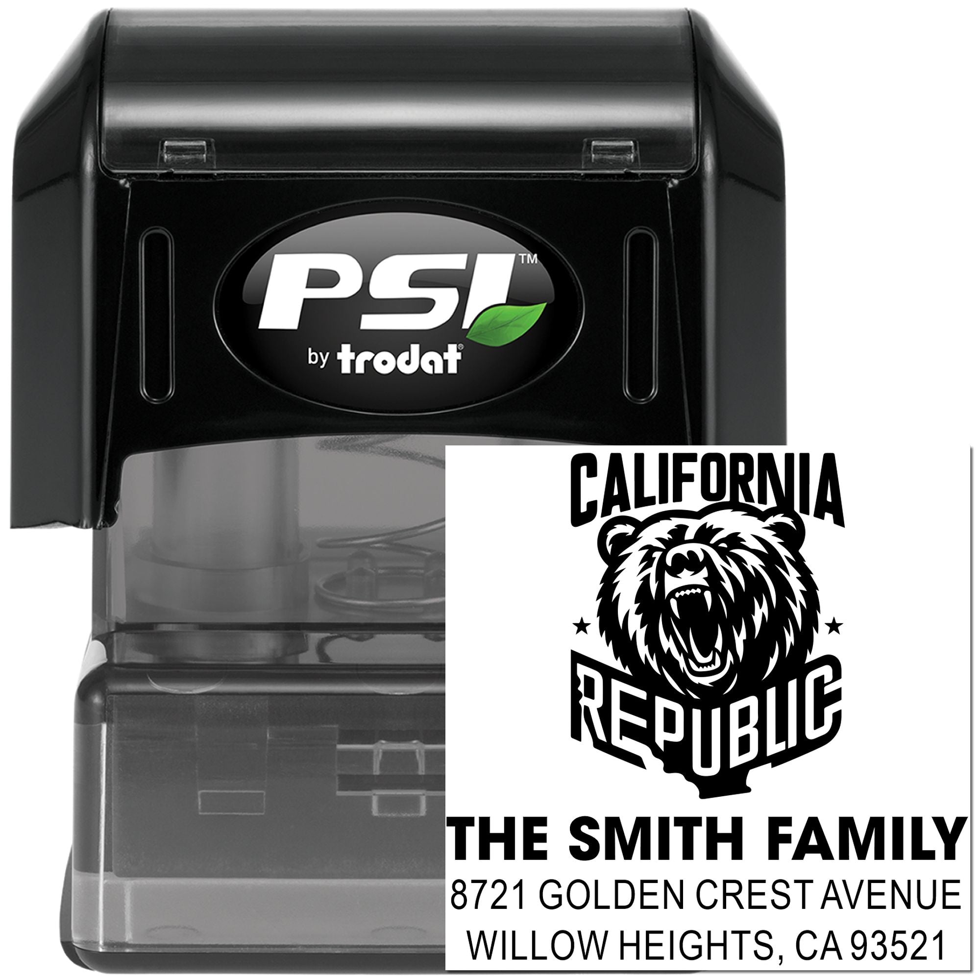 PSI by Trodat self-inking rubber stamp with custom California Republic family address design.