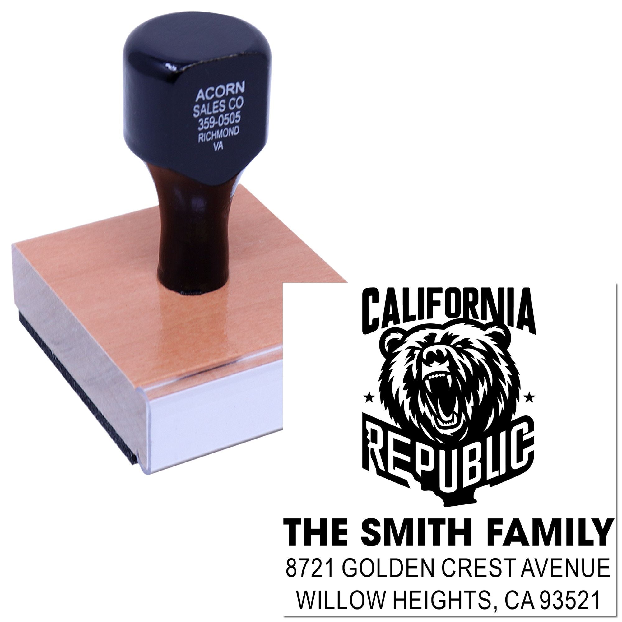Custom California Republic family address rubber stamp with bear design for The Smith Family in Willow Heights, CA.