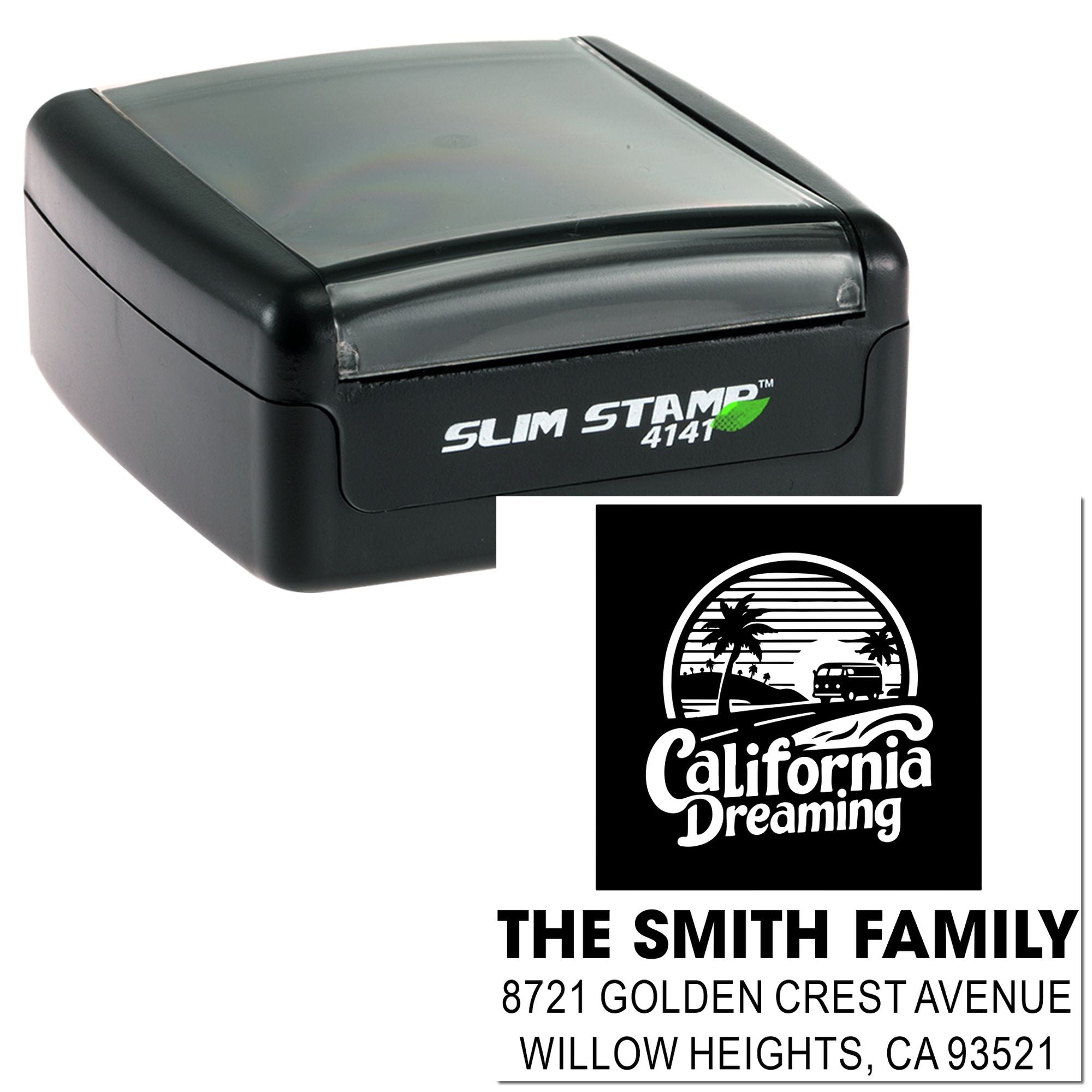 California Dreaming custom family return address rubber stamp with Slim Stamp 4141 case