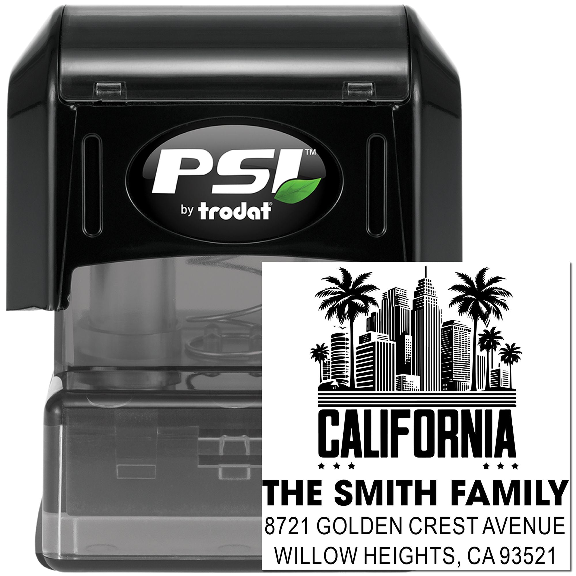 Custom California skyline self-inking rubber stamp for The Smith Family address by PSI Trodat with personalized return imprint.