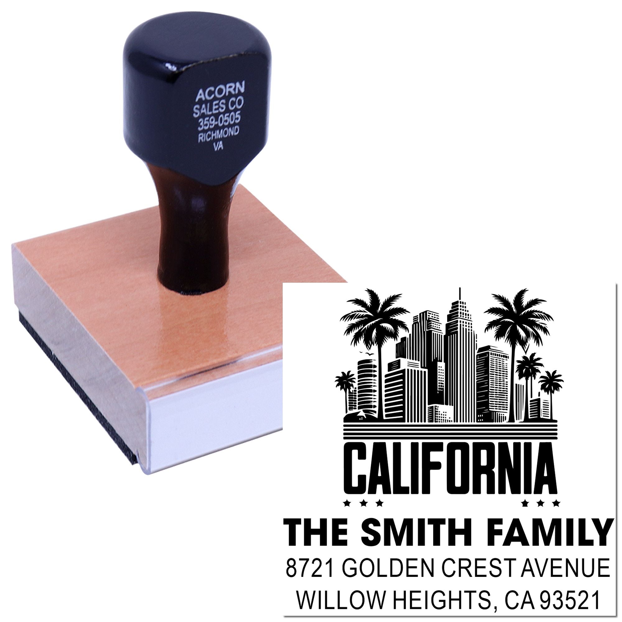 Custom California return address rubber stamp for The Smith Family with skyline design