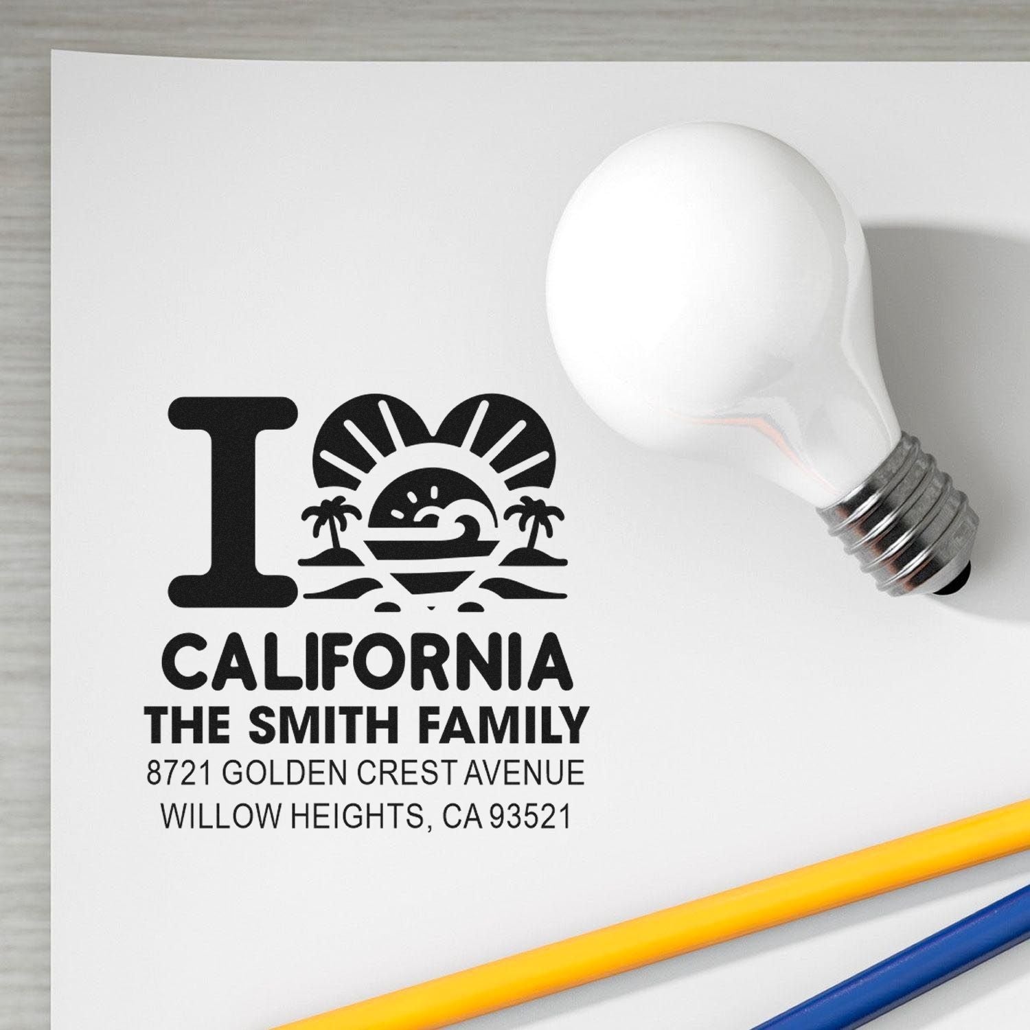 Personalized California family return address rubber stamp with sunset heart design for The Smith Family, Willow Heights address