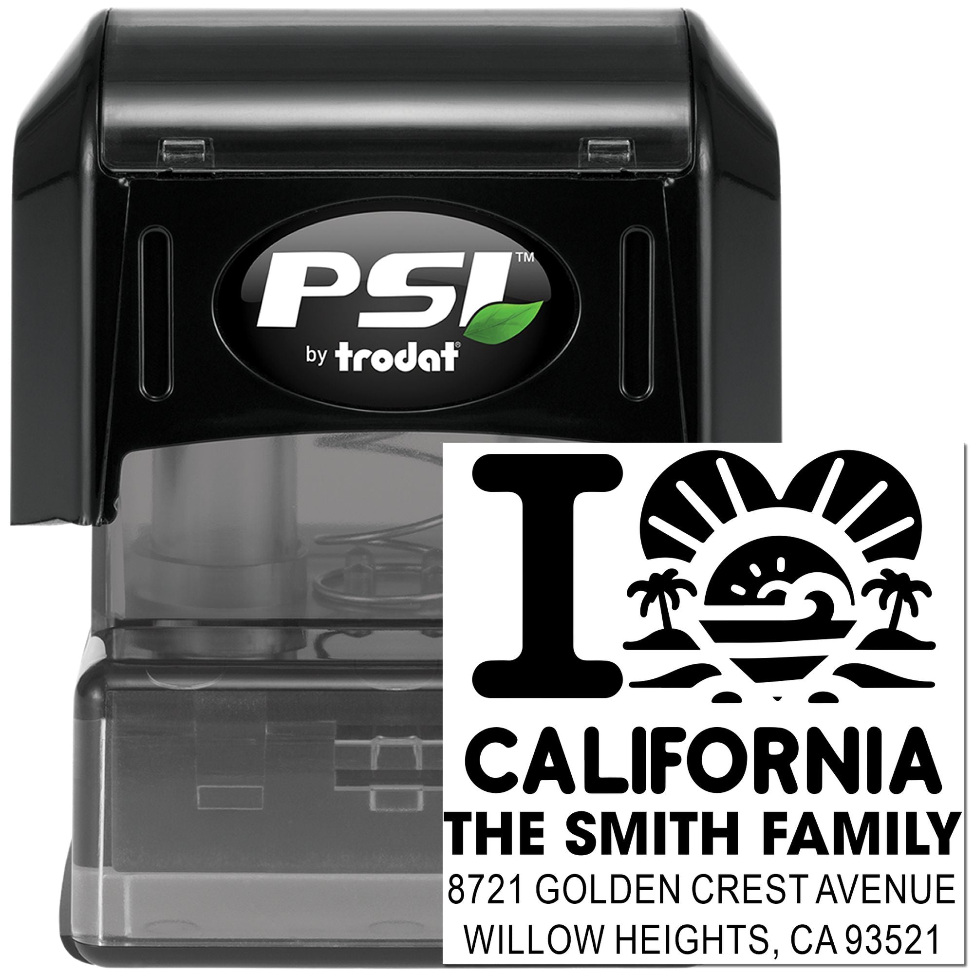 Personalized PSI by Trodat self-inking rubber stamp for custom California return address labels.