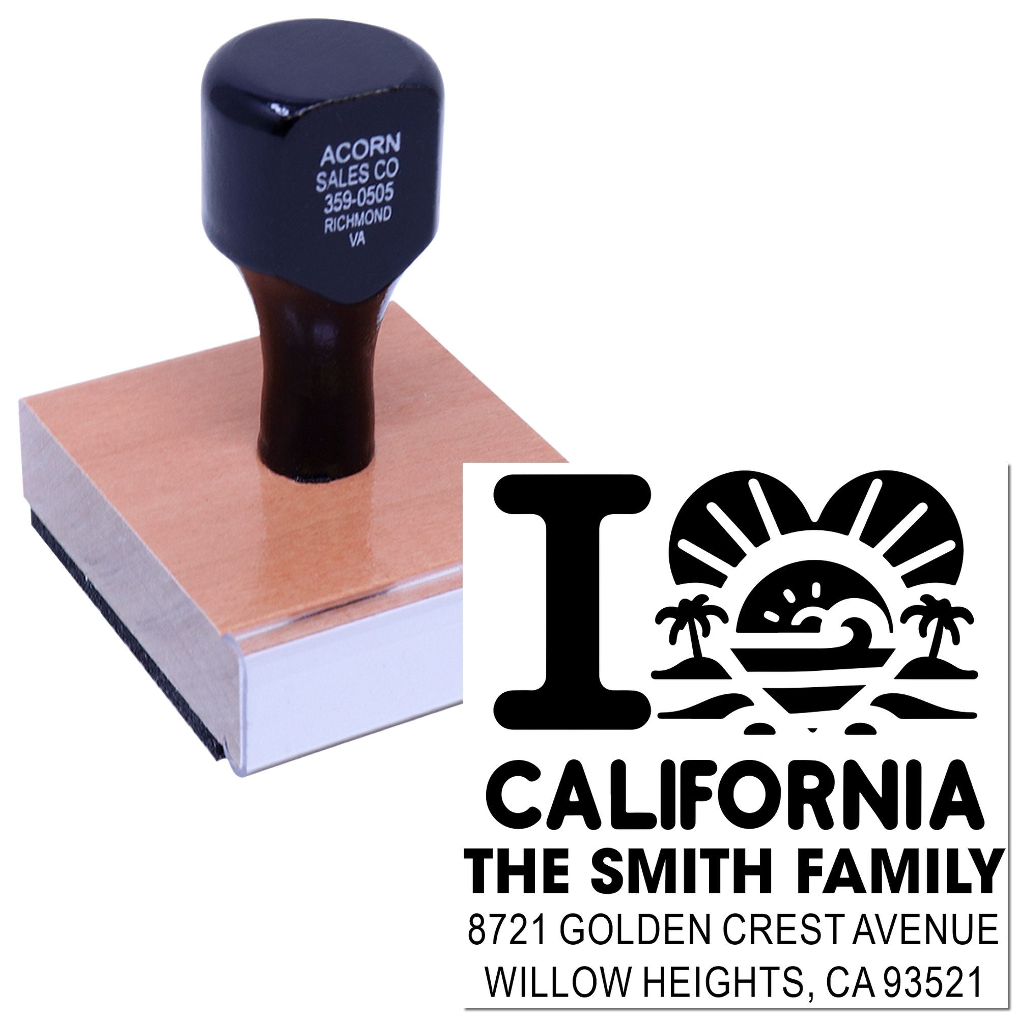 Custom rubber address stamp with California family return address design for personalized envelopes.